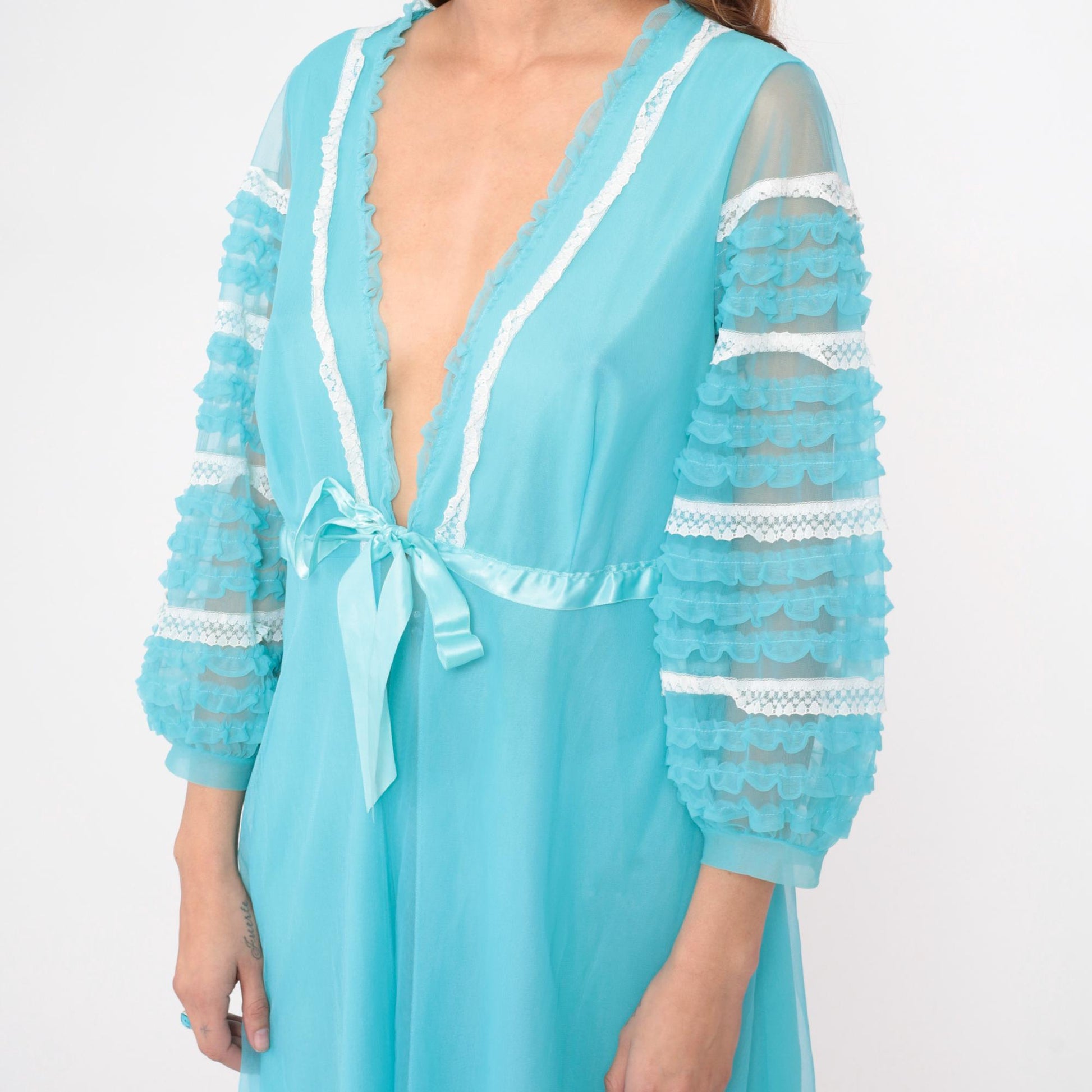 70s Aqua Blue Nylon Robe Sheer Ruffle Lace Trim V-Neck Maxi Medium