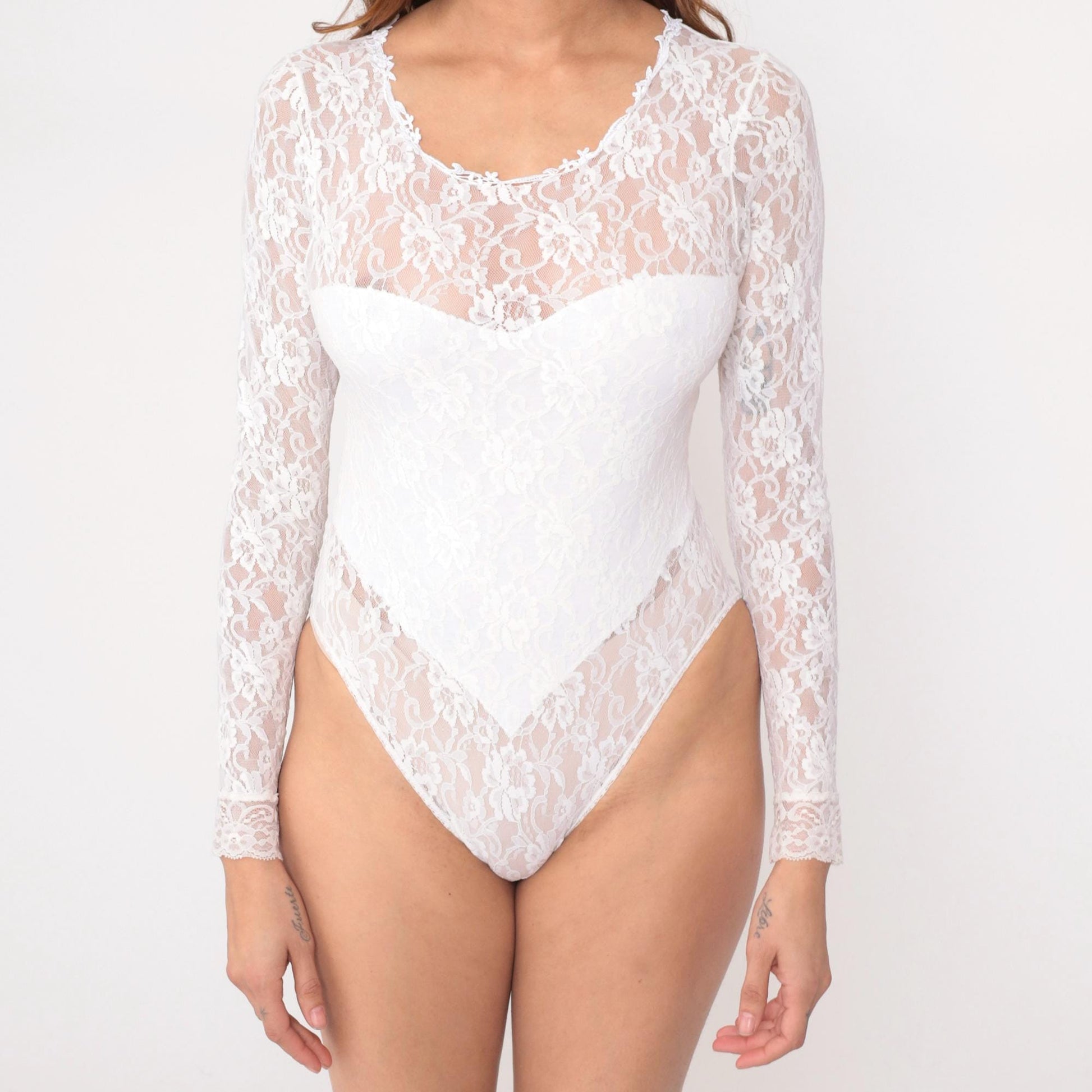 80s Hanky Panky White Lace Bodysuit Floral Scoop Neck Small S