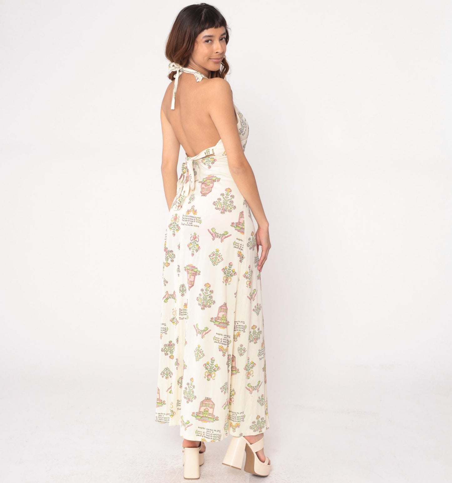 70s White Halter Maxi Dress Novelty Print Open Back Empire Waist Medium