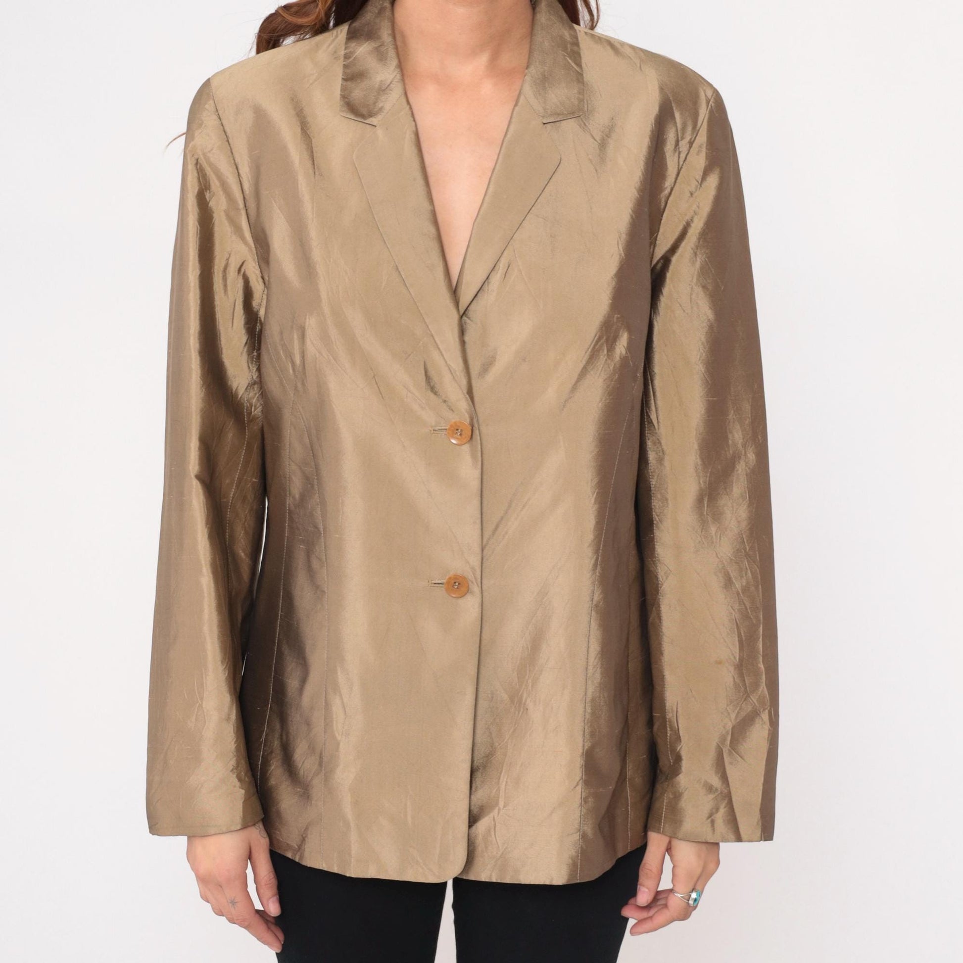 Y2K Ann Taylor Silk Blazer Tan Shawl Collar Two-Button Large L