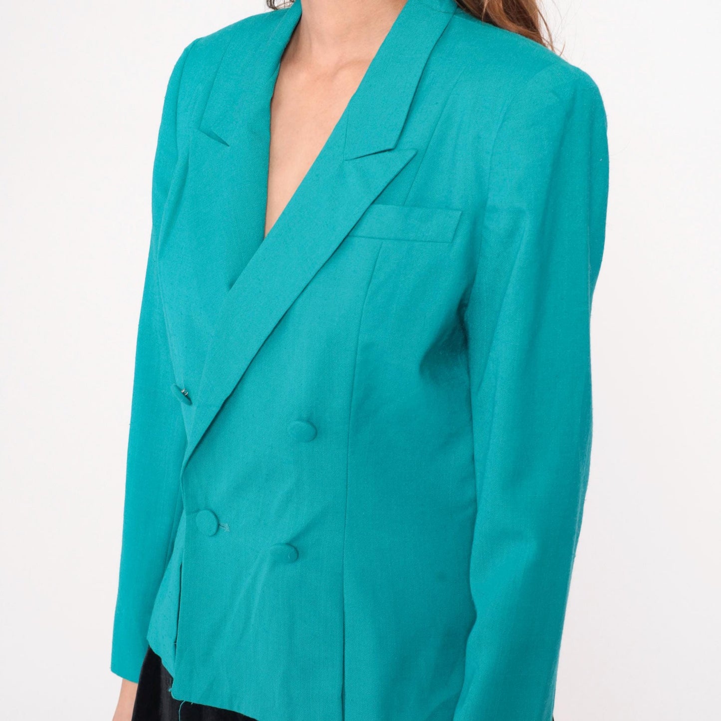 90s Gilmor Teal Double-Breasted Blazer Peaked Lapels Structured Medium