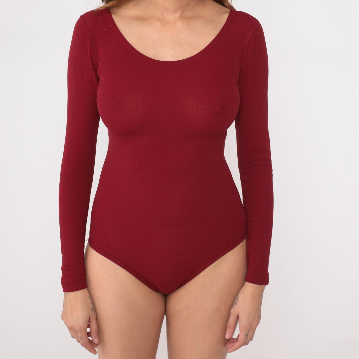 70s Burgundy Bodysuit Long Sleeve Scoop Neckline Snap Closure Small