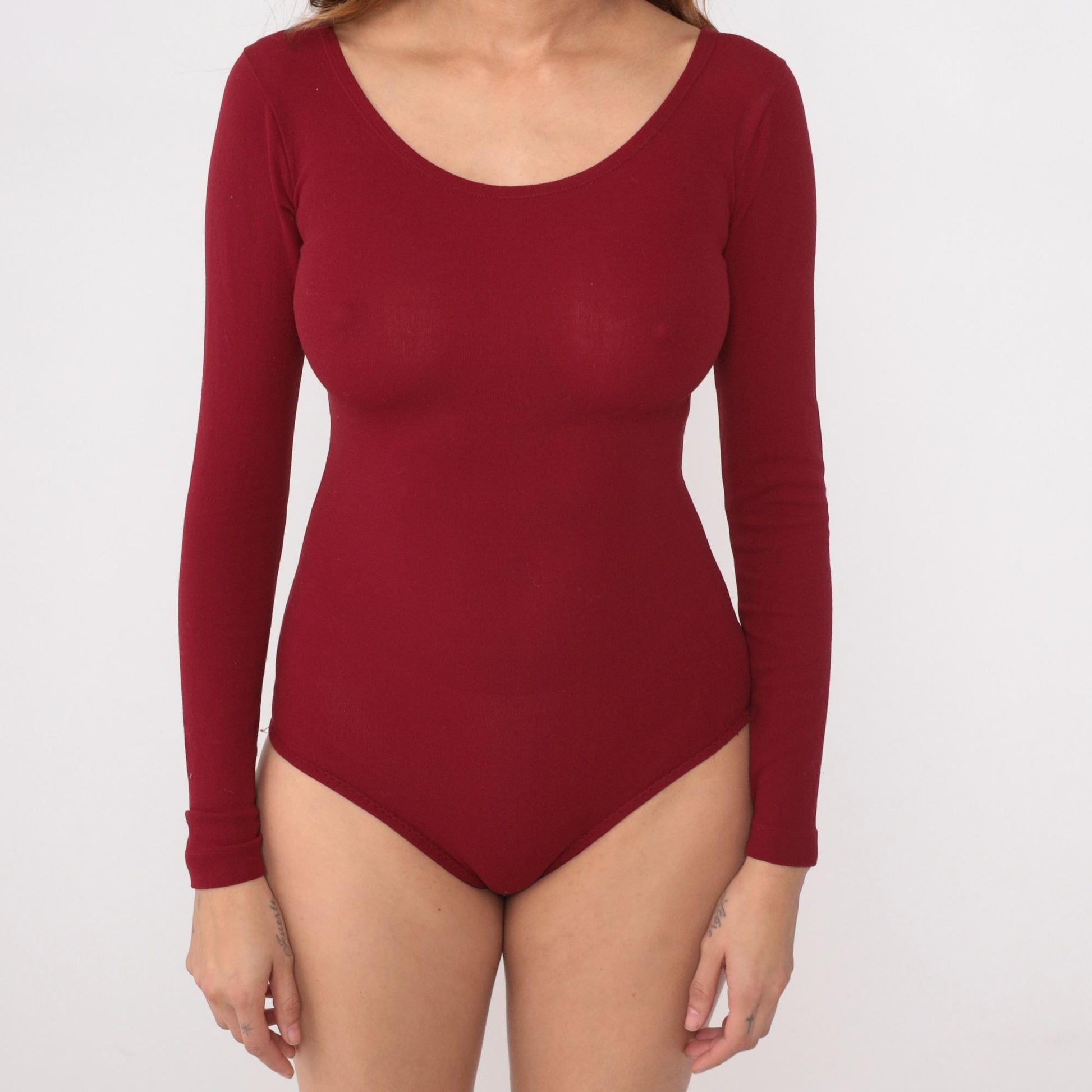 70s Burgundy Bodysuit Long Sleeve Scoop Neckline Snap Closure Small