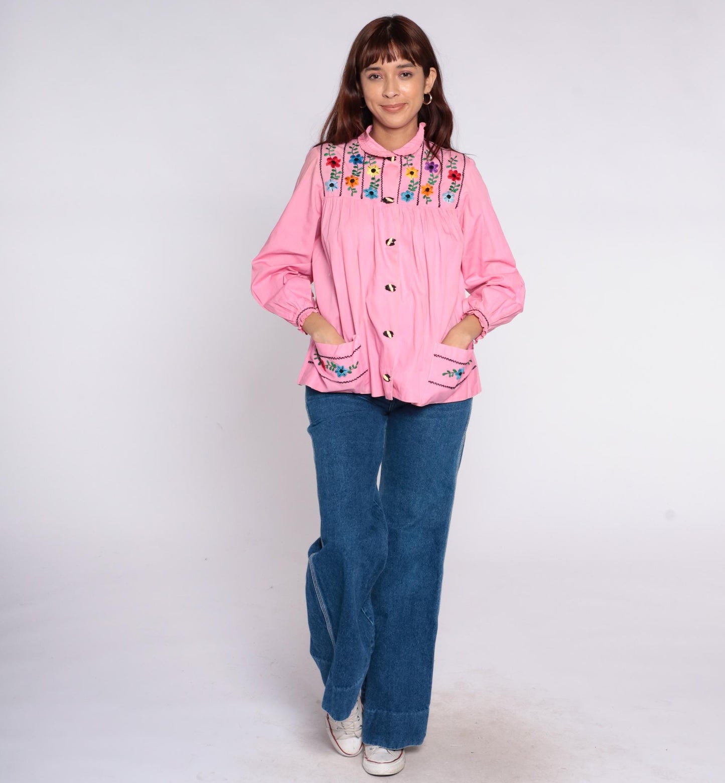 70s Mexican Embroidered Pink Floral Blouse Peter Pan Collar Cotton XS