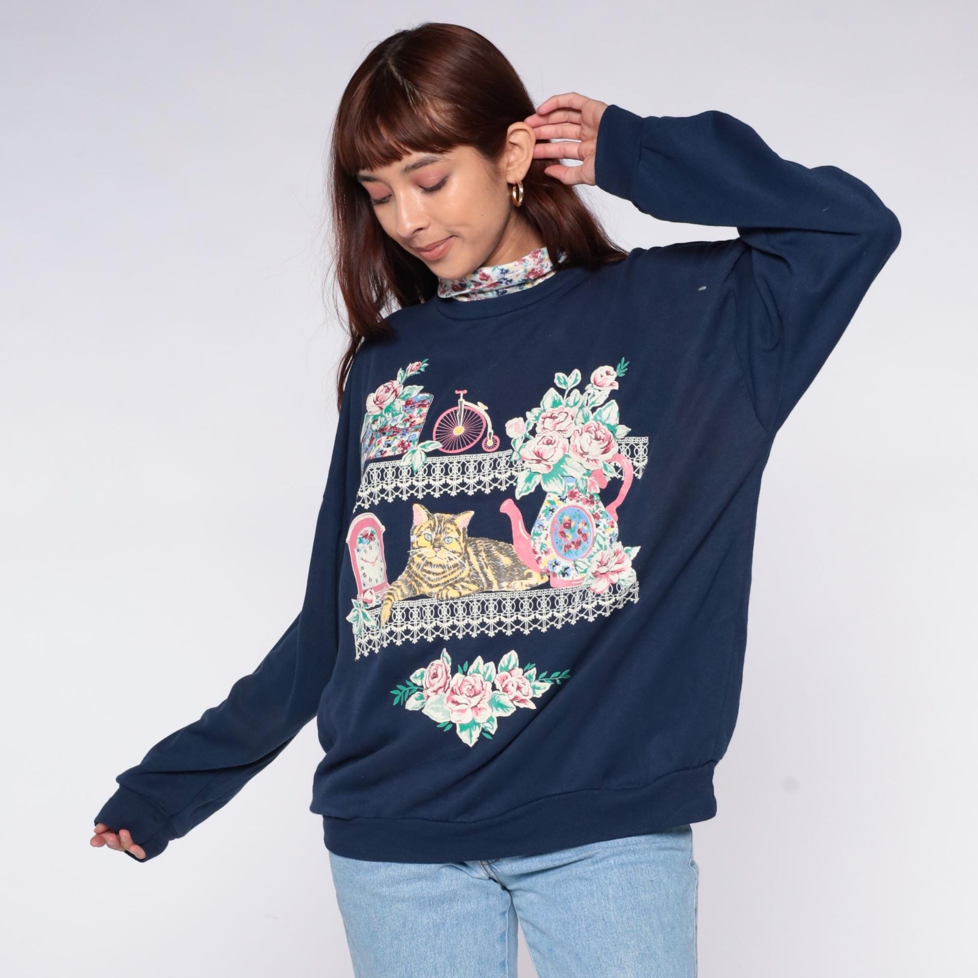 90s Act 3 Cat Sweatshirt Navy Blue Floral Turtleneck Graphic Extra Large XXL