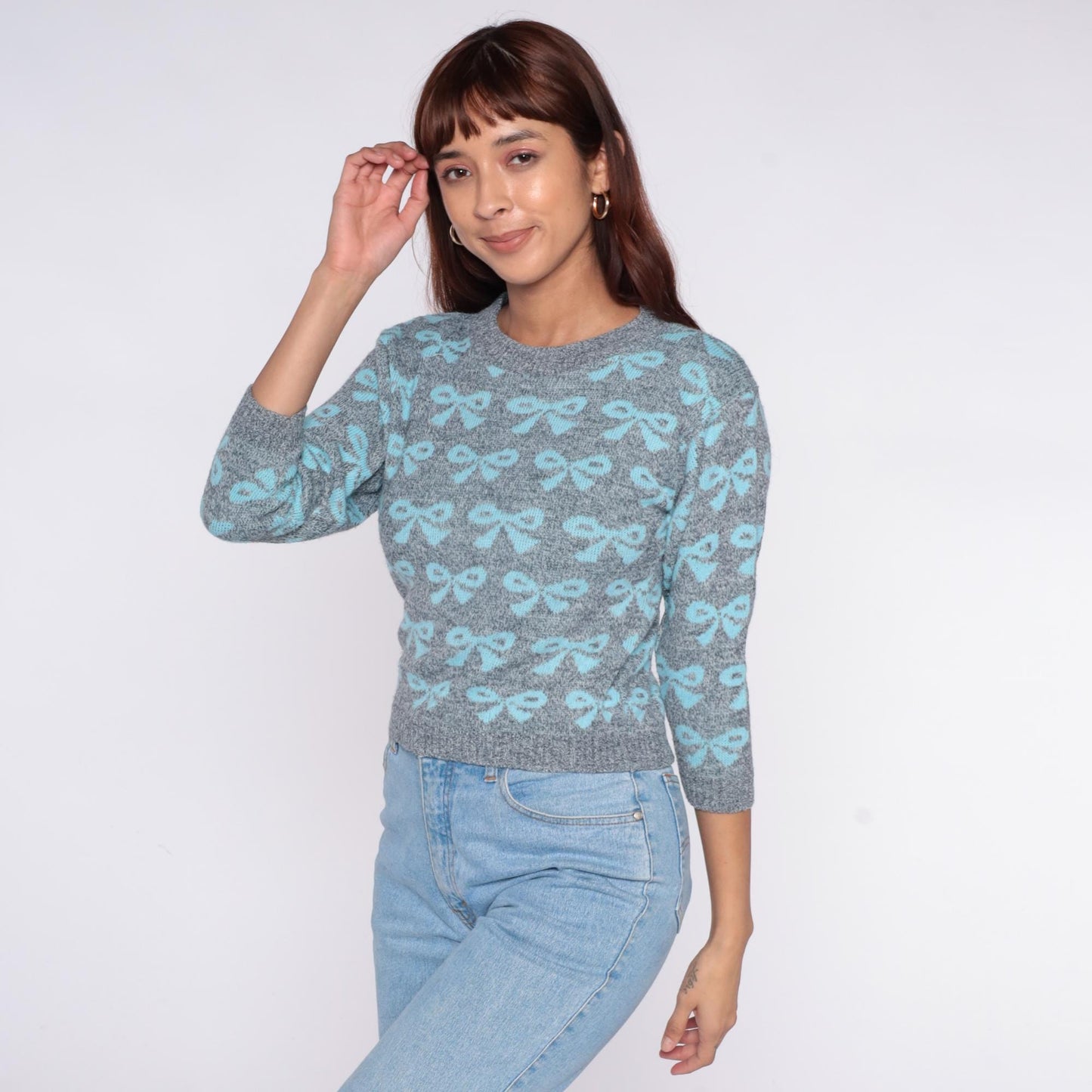 80s Go Nitty Grey Turquoise Bow Knit Sweater Cropped Crew Neck Extra Small