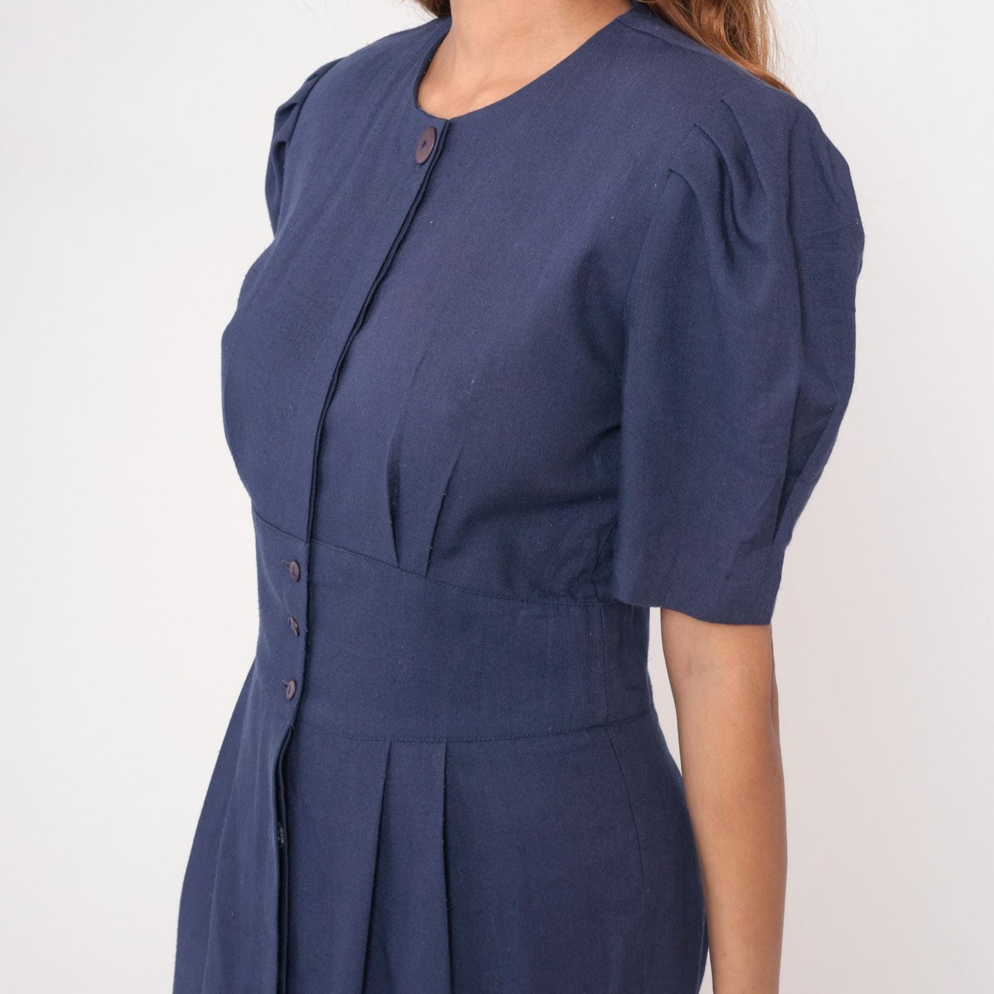 80s Jessica Howard Navy Puff Sleeve Dress Pleated Skirt Shoulder Pads Medium