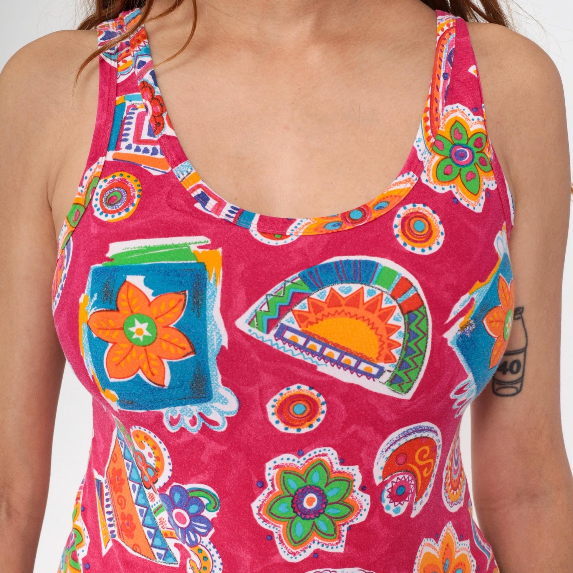 90s United Colors of Benetton One-Piece Swimsuit Pink Paisley Geometric Large L