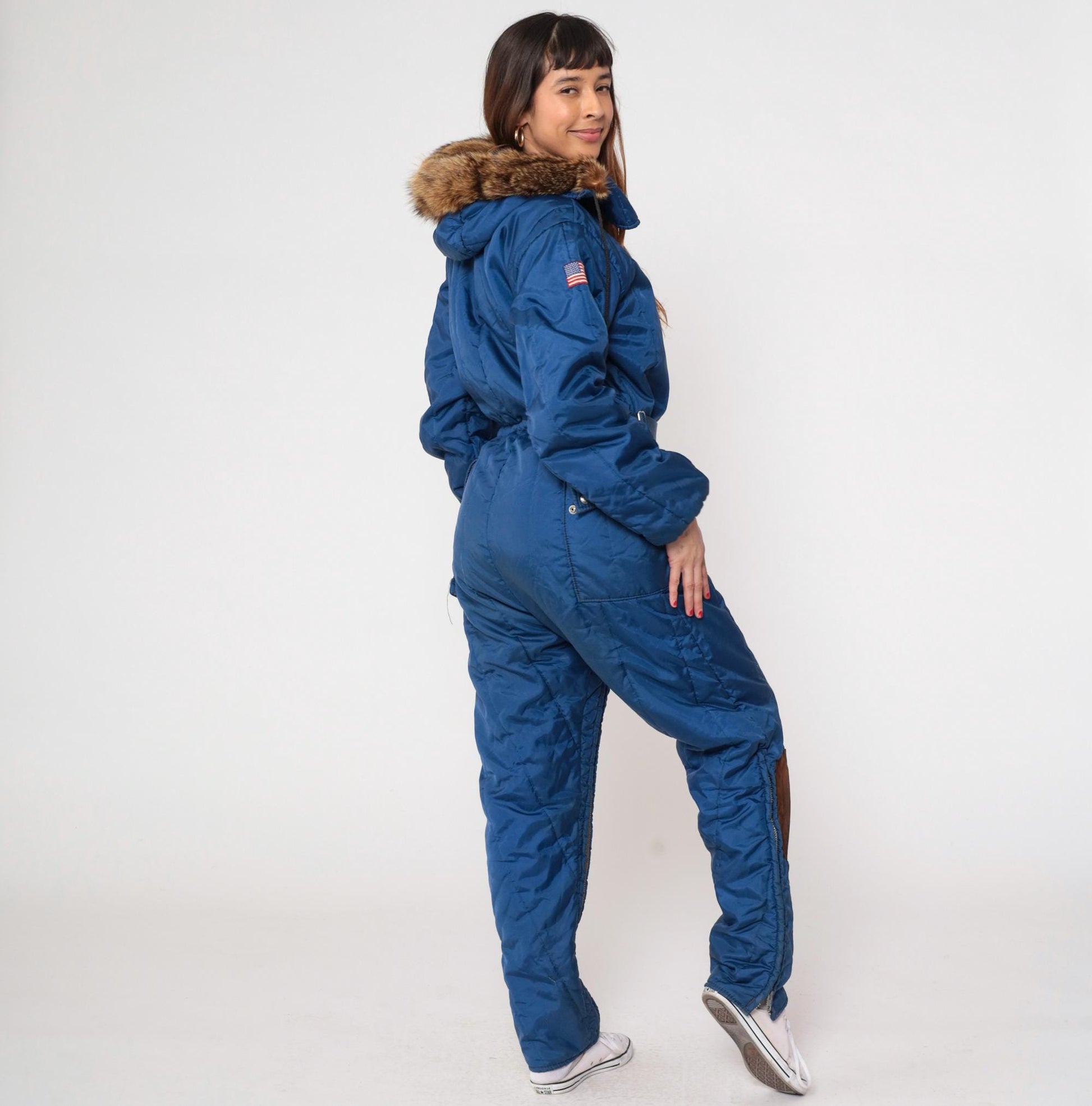 70s Polarware Ski Suit Blue Snowsuit Fur Hood American Flag Mens Medium