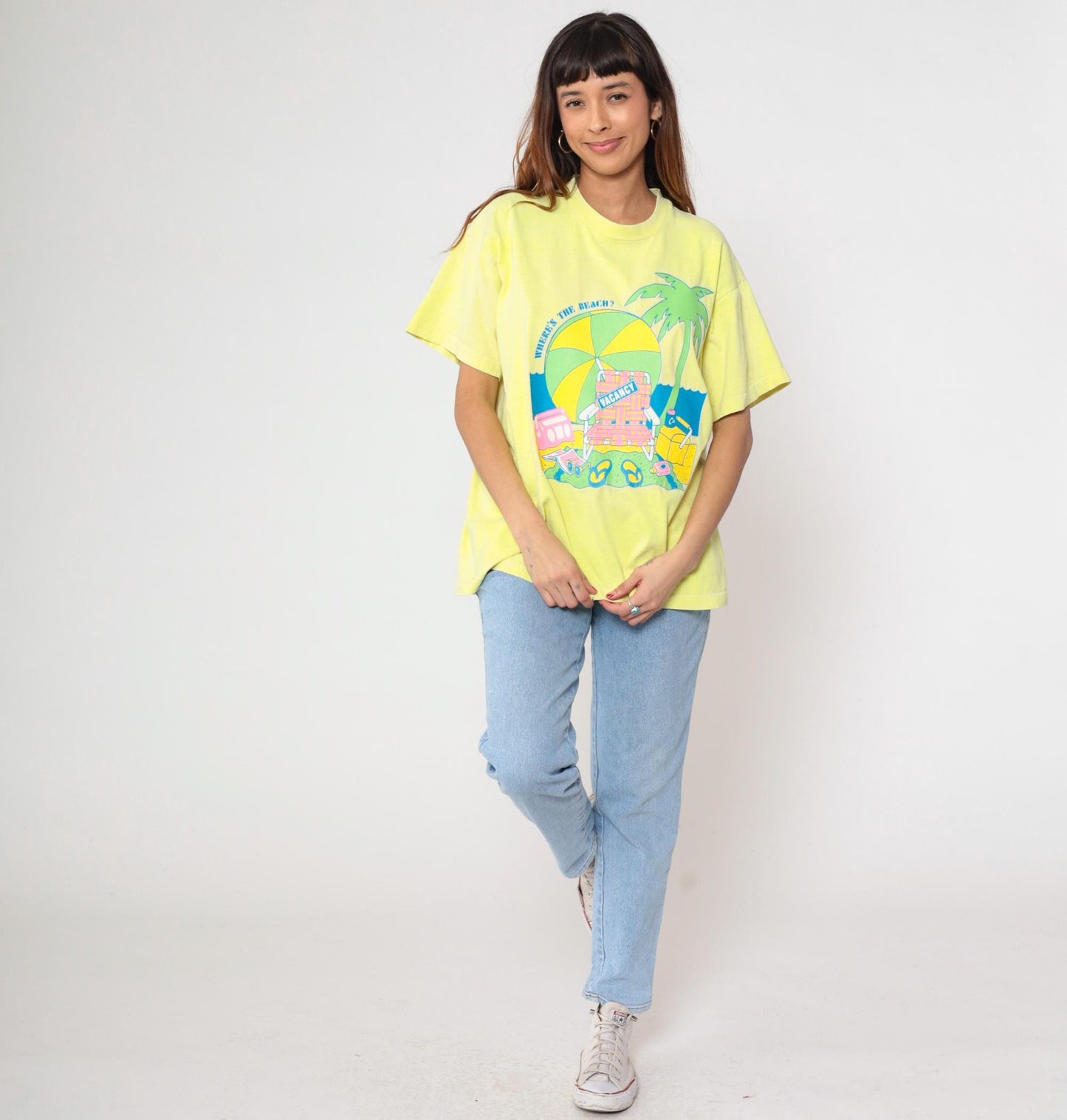 90s Fruit of the Loom Yellow Beach Graphic T-Shirt Where's The Beach Extra Large XL