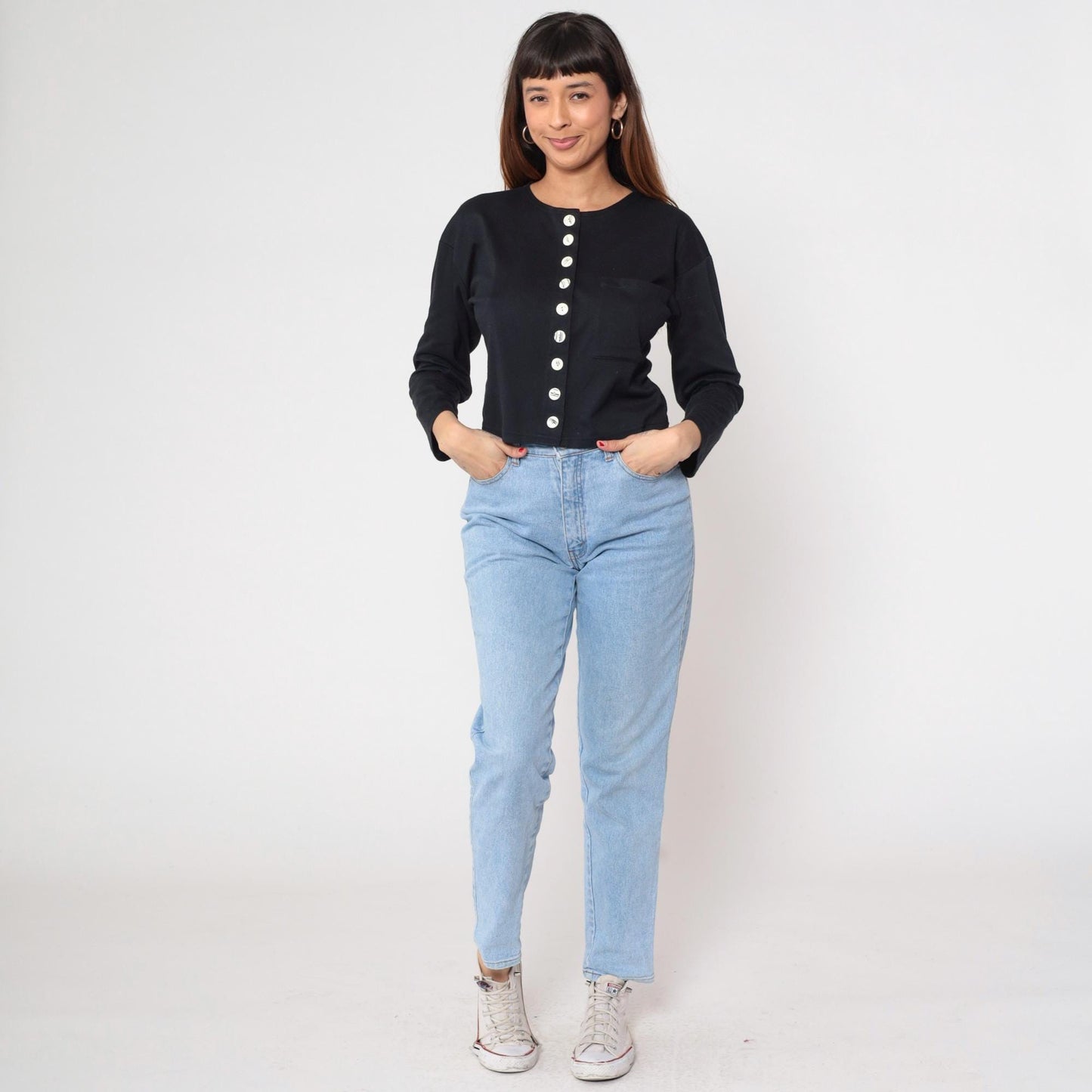 90s Adrenaline Black Cropped Cardigan White Buttons Crew Neck Medium M