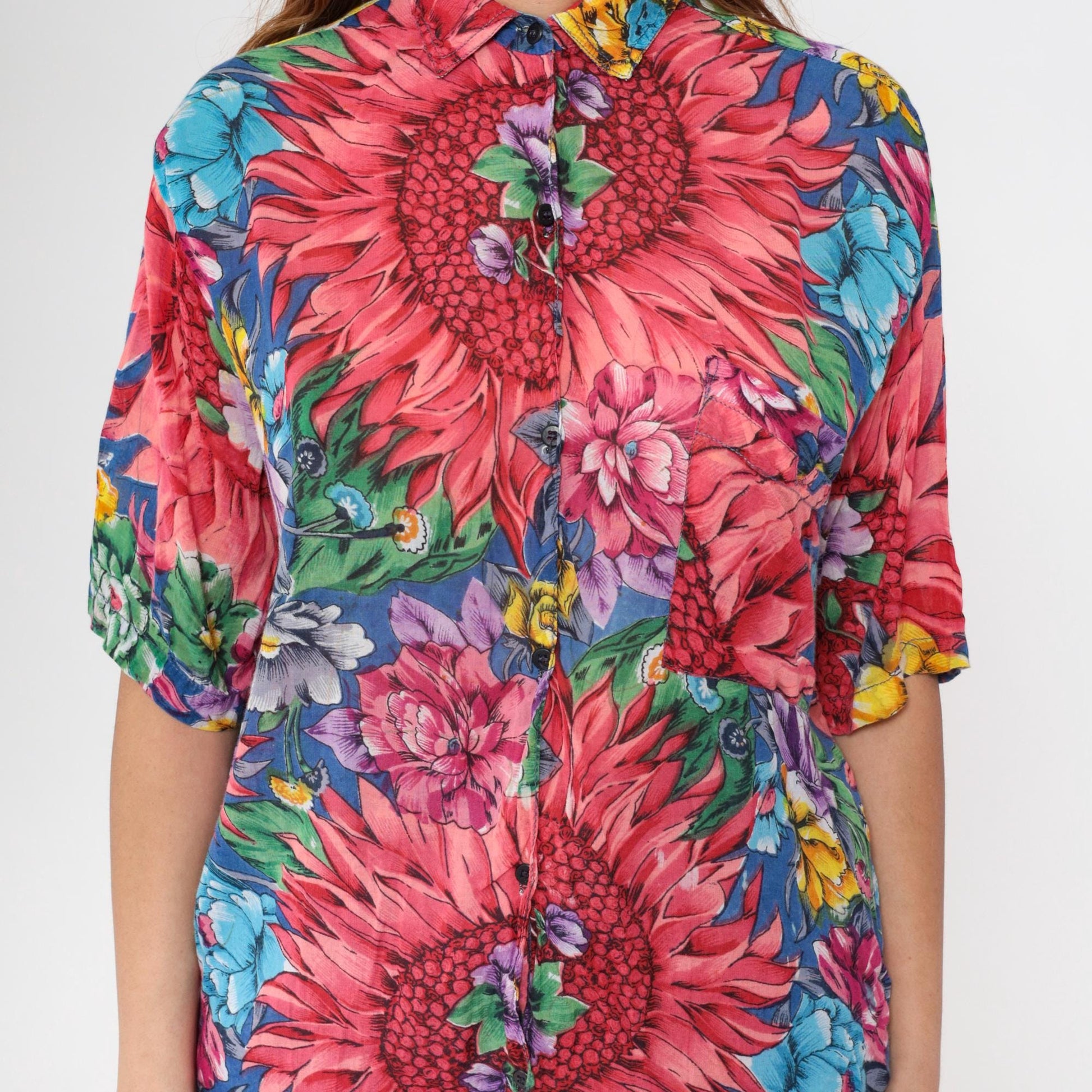 90s Floral Cotton Mandarin Collar Shirt Pink Dahlia Print Large L
