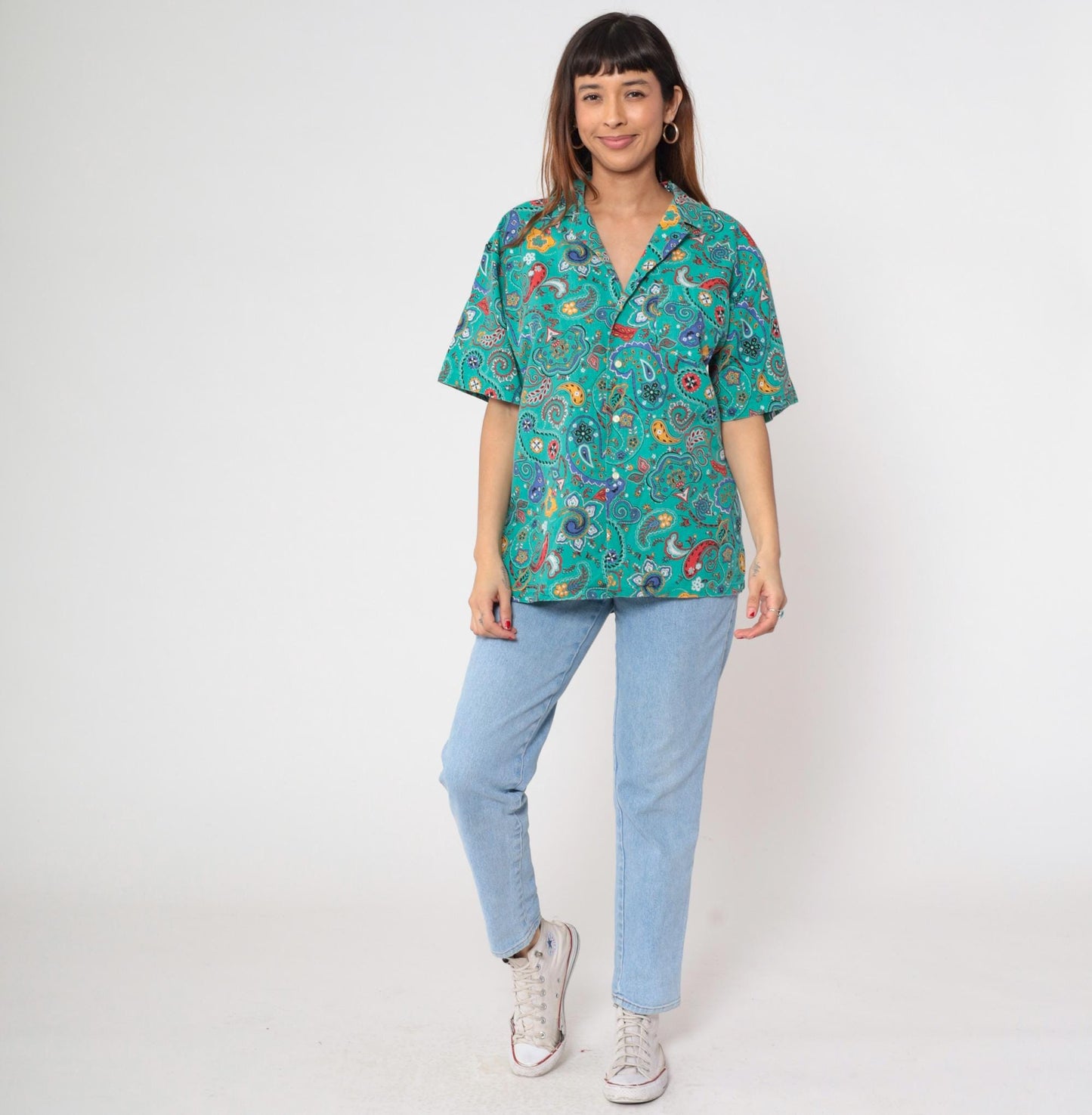 90s Hub Frankel Turquoise Paisley Button-Up Shirt Short Sleeve Large L