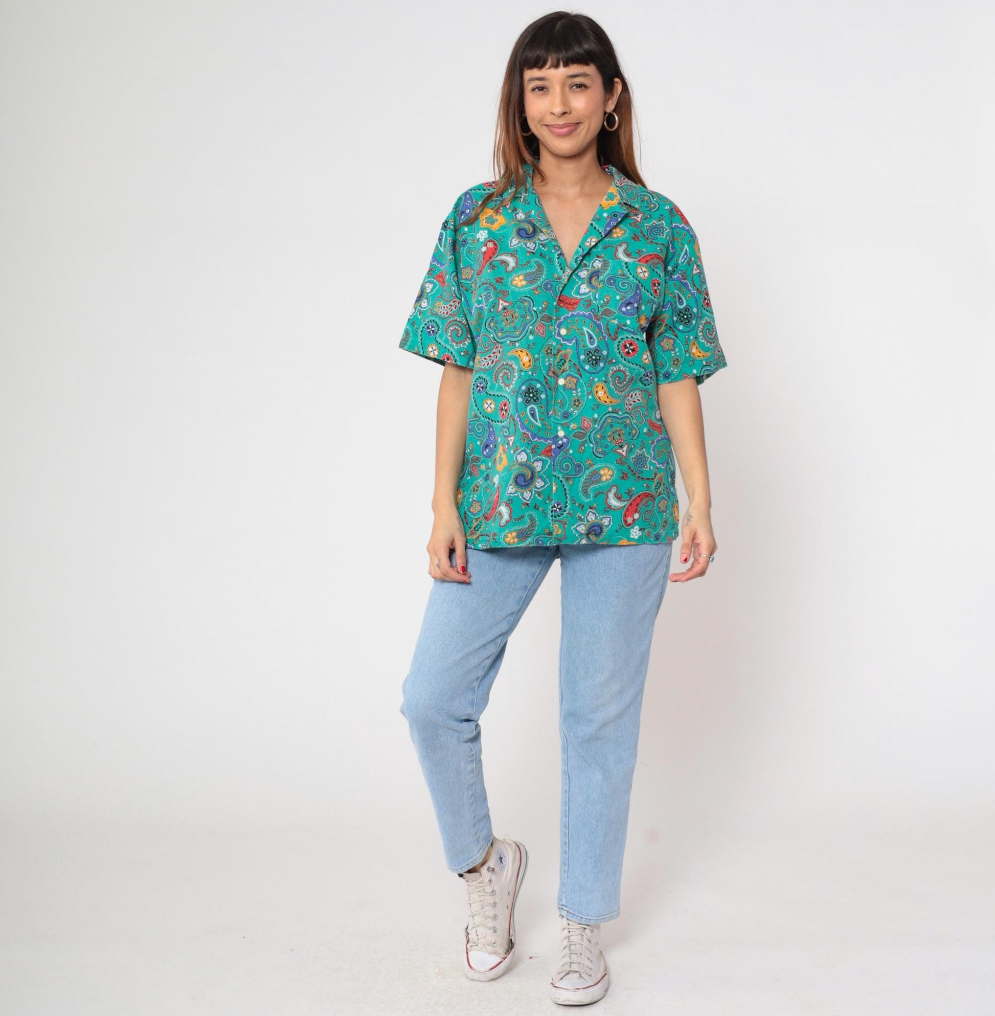90s Hub Frankel Turquoise Paisley Button-Up Shirt Short Sleeve Large L