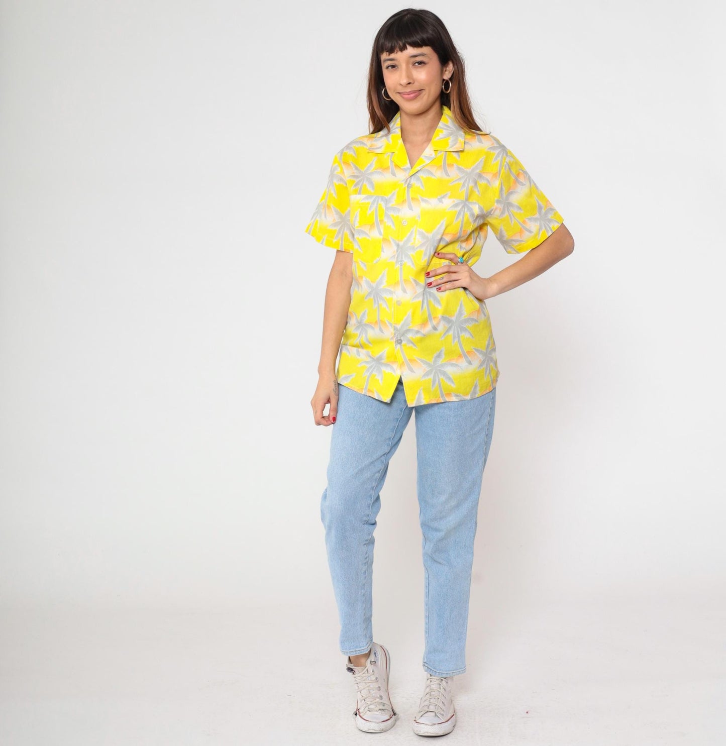 80s Tropicana Hawaiian Shirt Yellow Palm Tree Orange White Small