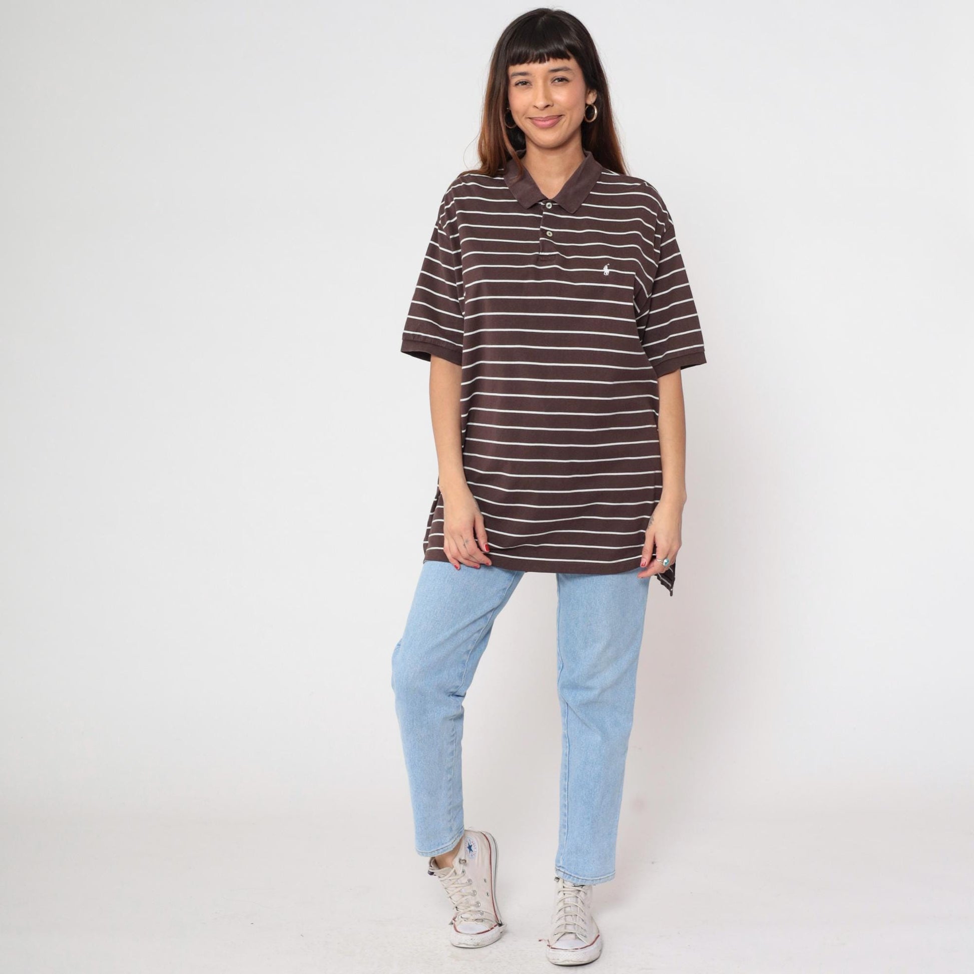 90s Polo Ralph Lauren Striped Polo Shirt Brown White Cotton Extra Large XL