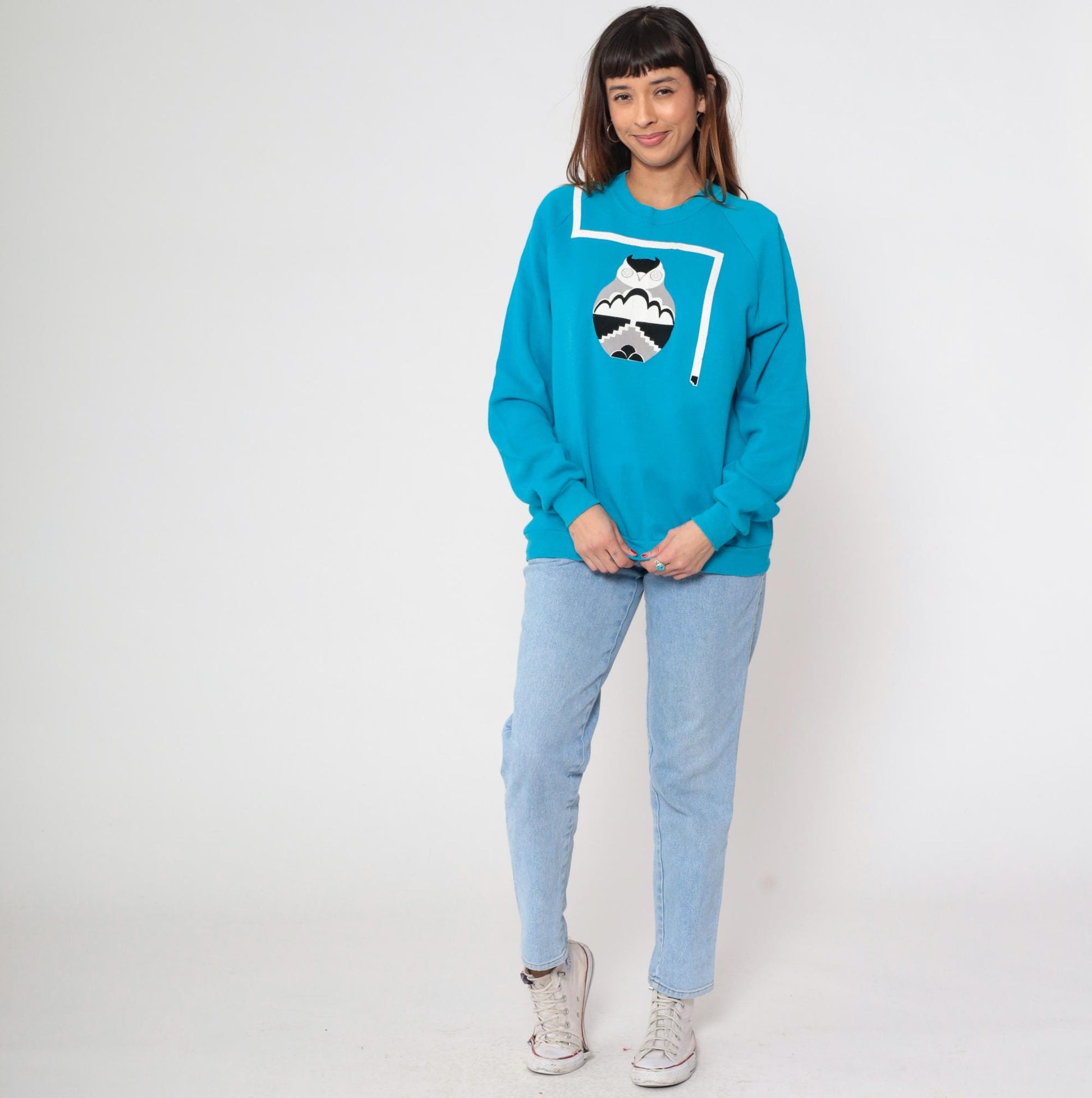 90s Jerzees Owl Graphic Sweatshirt Turquoise Raglan Extra Large XL