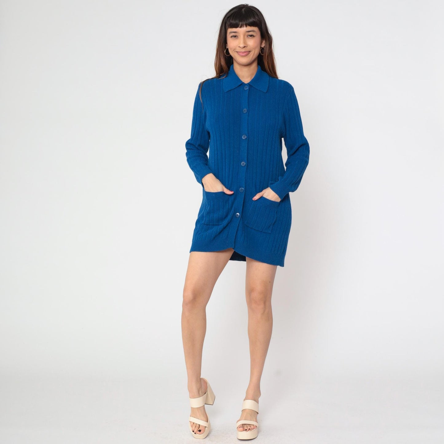 80s Andrea Jovine Blue Ribbed Cardigan Pointed Collar Pockets Large L
