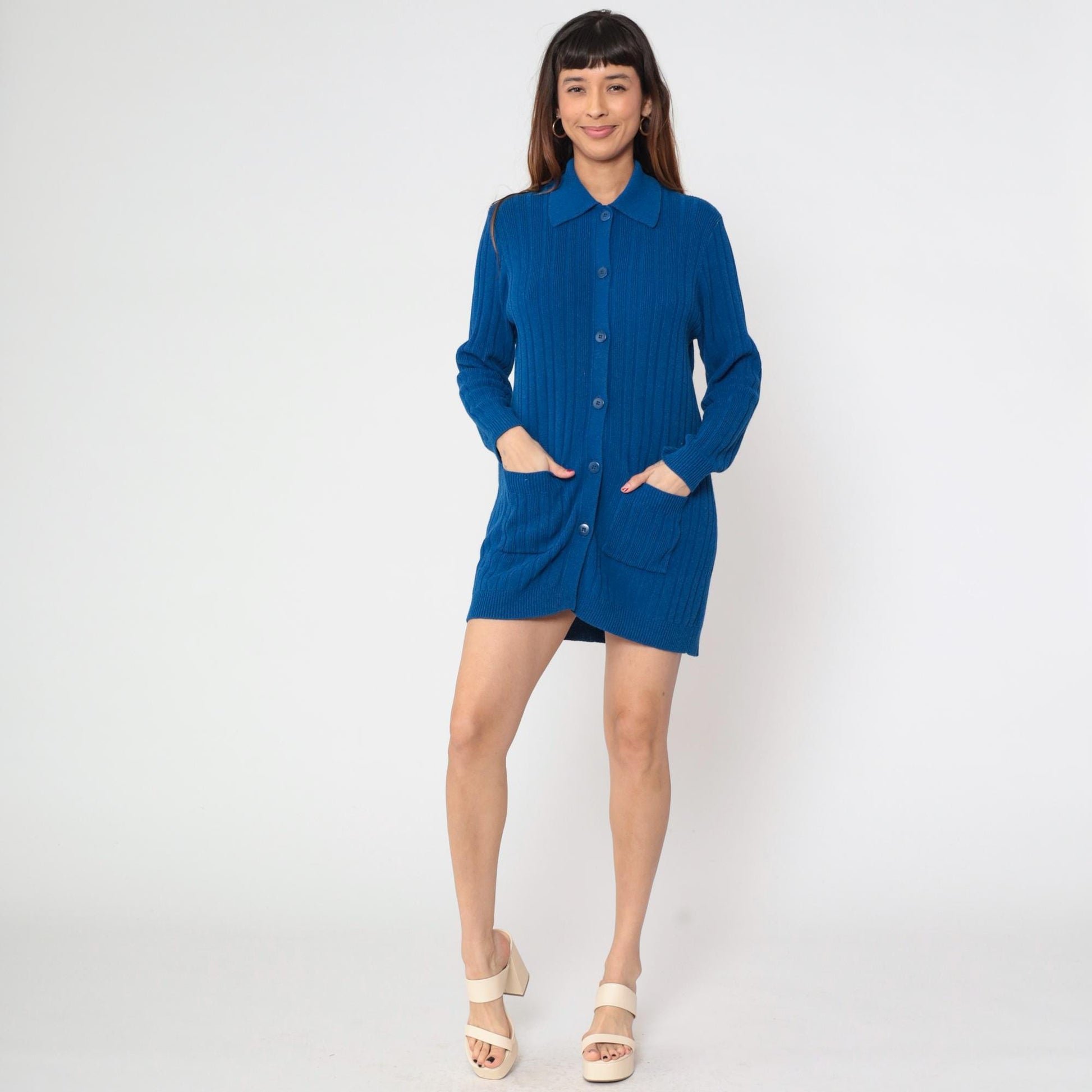 80s Andrea Jovine Blue Ribbed Cardigan Pointed Collar Pockets Large L
