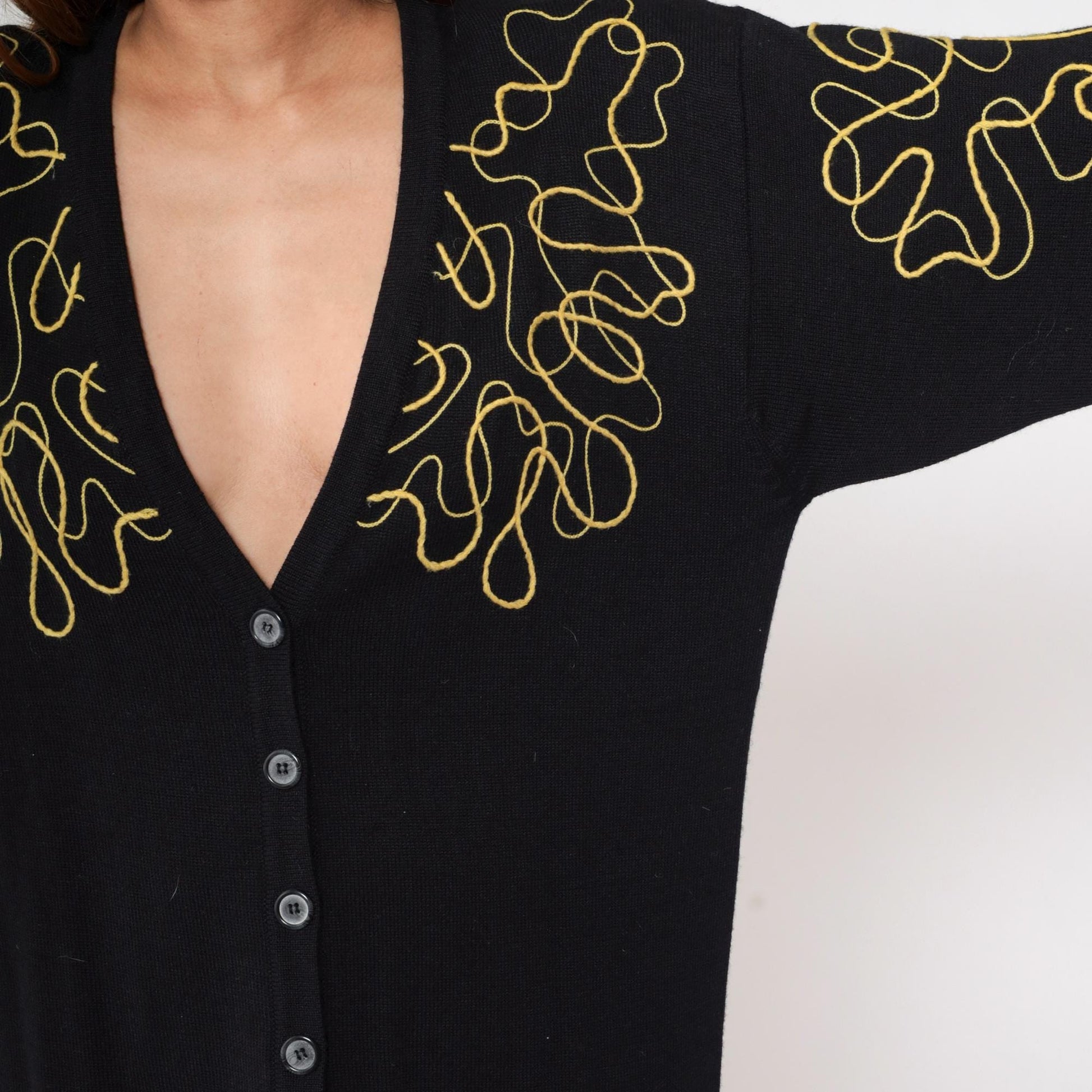 90s Mondi Black Cardigan Gold Embroidered Abstract Wool Blend Longline Medium