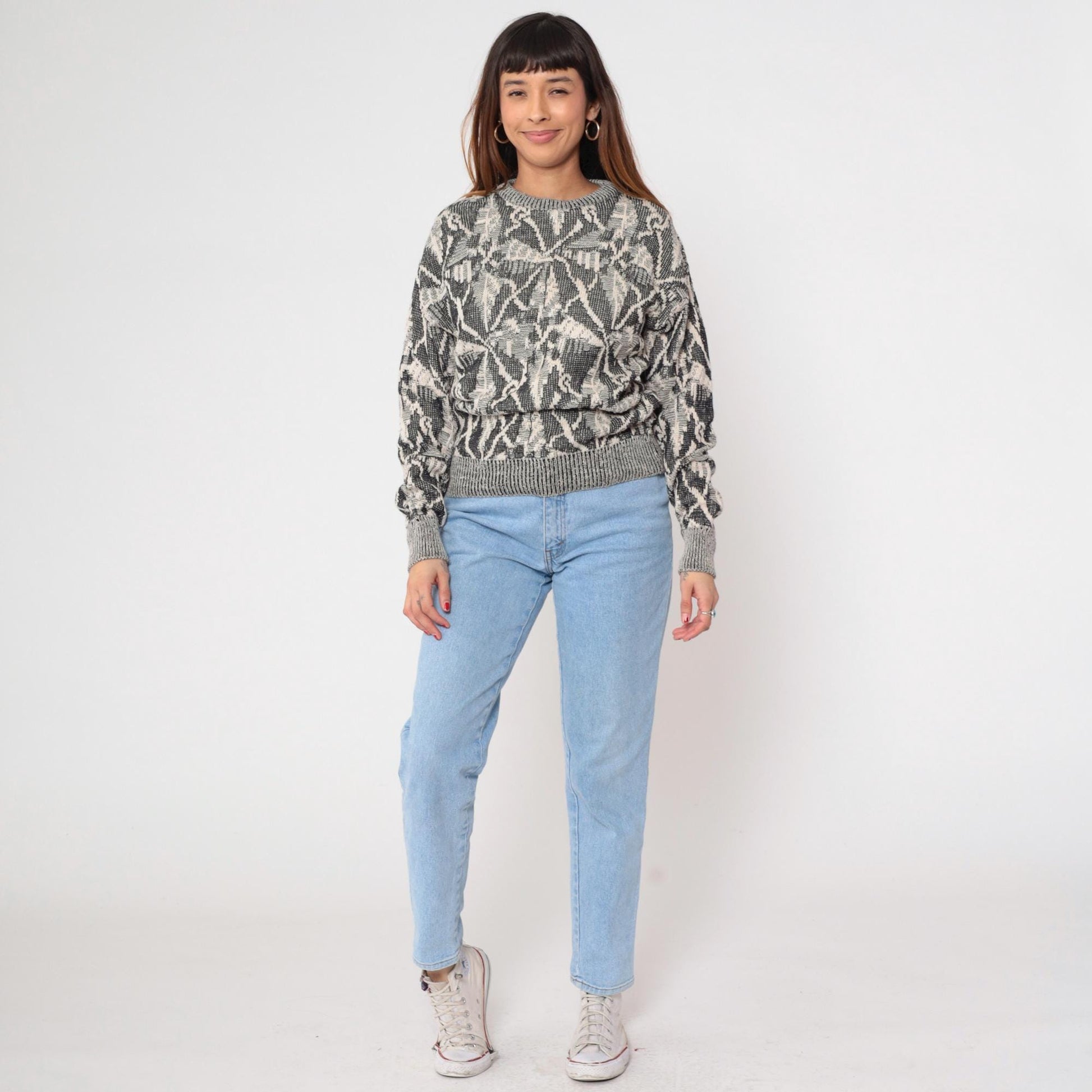 80s Collezione Zenio Abstract Geometric Knit Sweater Grey Cream Small
