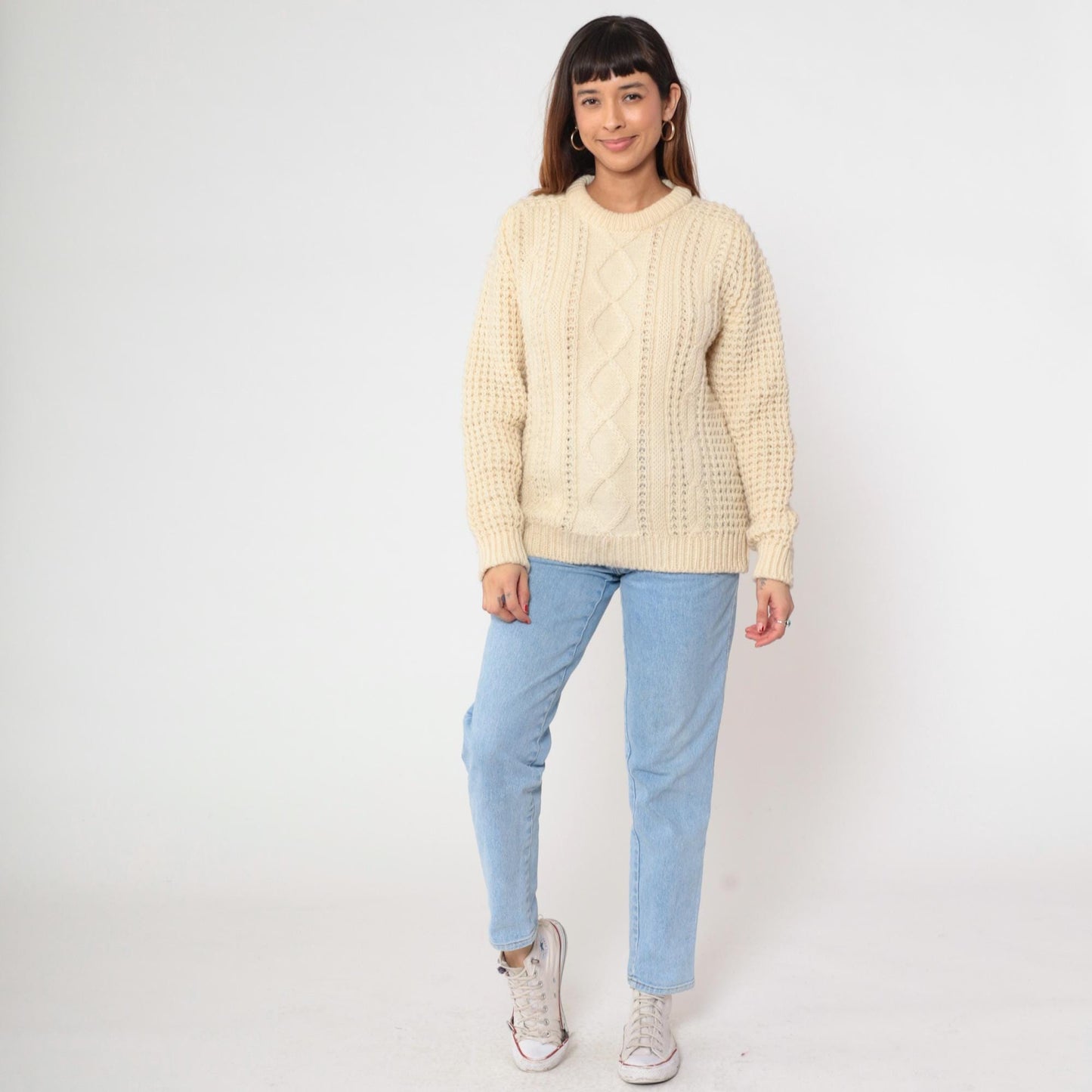 80s Falcarragh Cable Knit Wool Sweater Cream Aran Fisherman Small