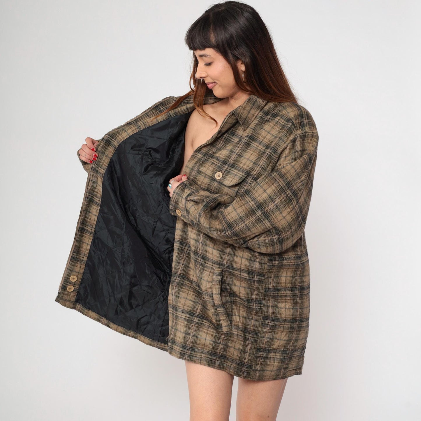 Y2K Shaver Lake Plaid Shirt Jacket Brown Green Checked Collared Large L