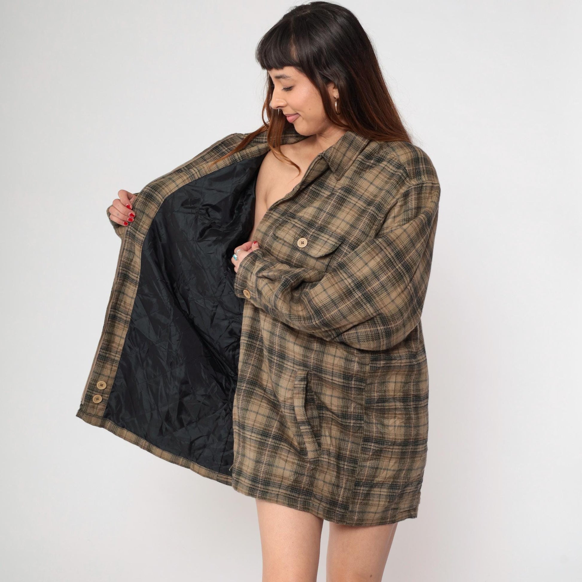 Y2K Shaver Lake Plaid Shirt Jacket Brown Green Checked Collared Large L