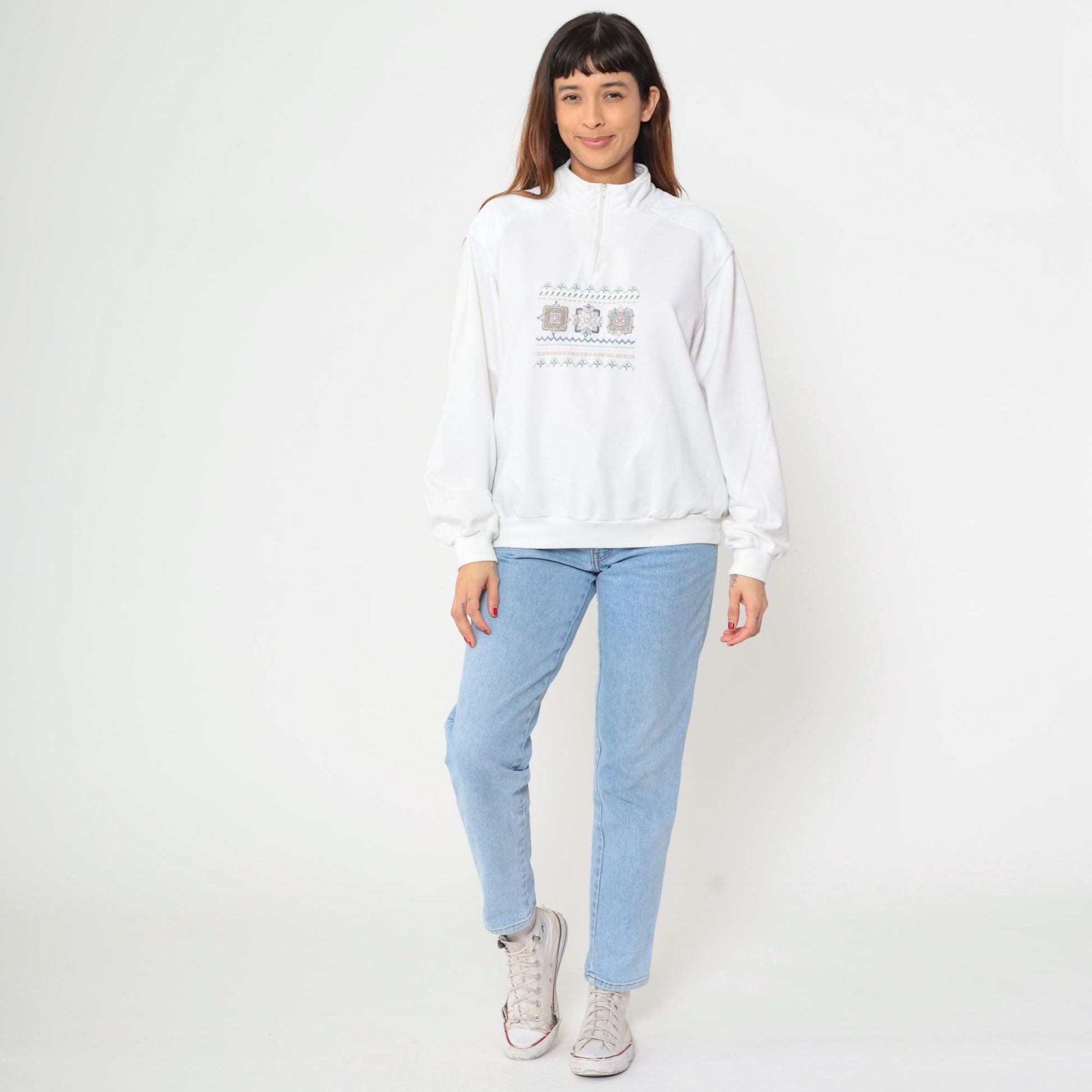 80s Alfred Dunner Quarter-Zip Sweatshirt White Geometric Embroidered Extra Large