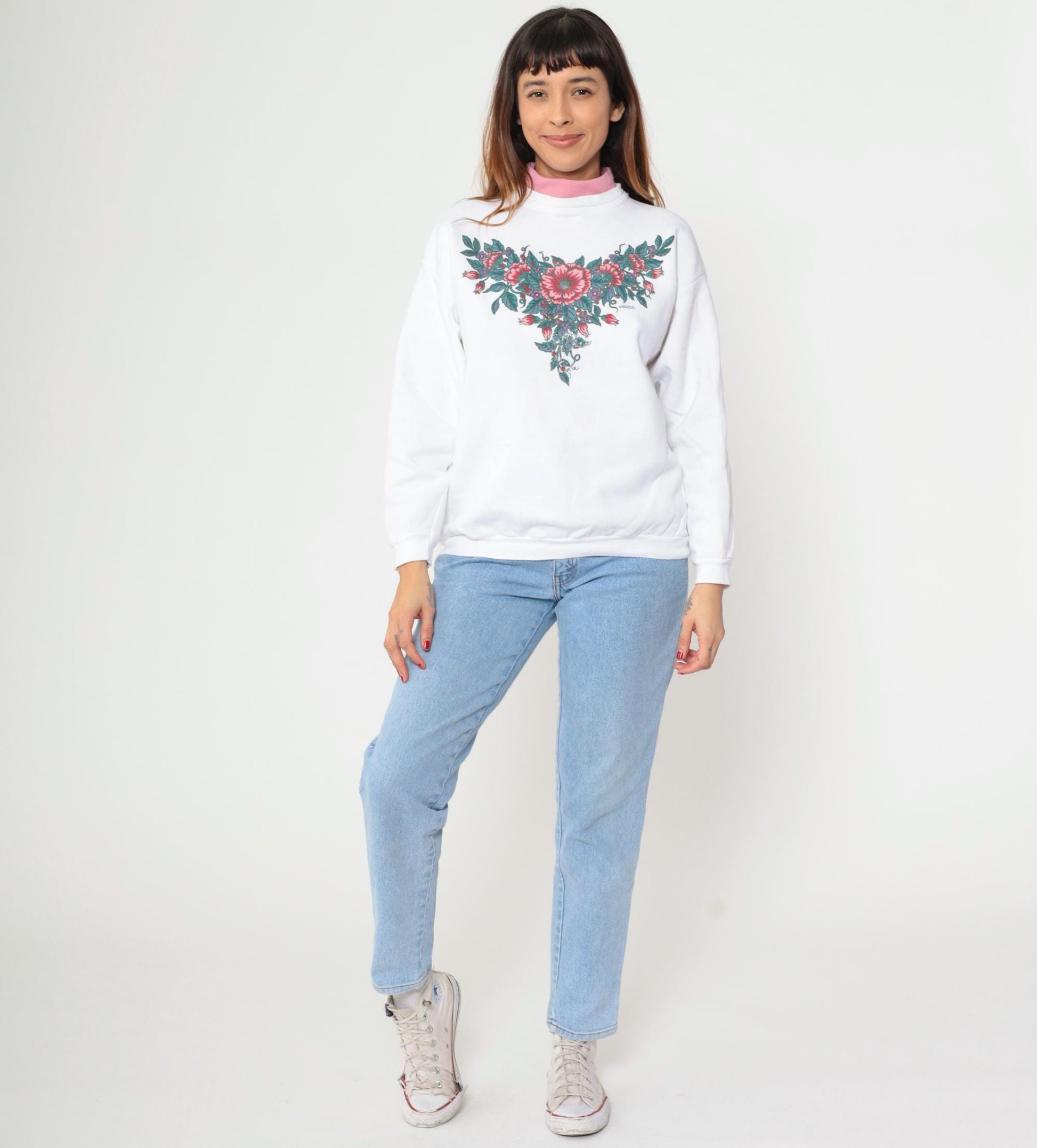 90s White Floral Mock Neck Sweatshirt Pink Collar Cotton Petite Large