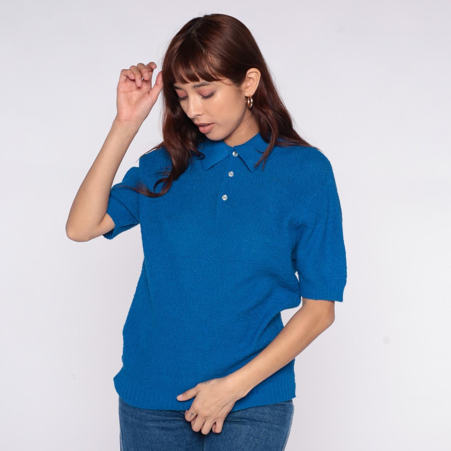 70s Wintuk Continental Blue Polo Shirt Ribbed Knit Small