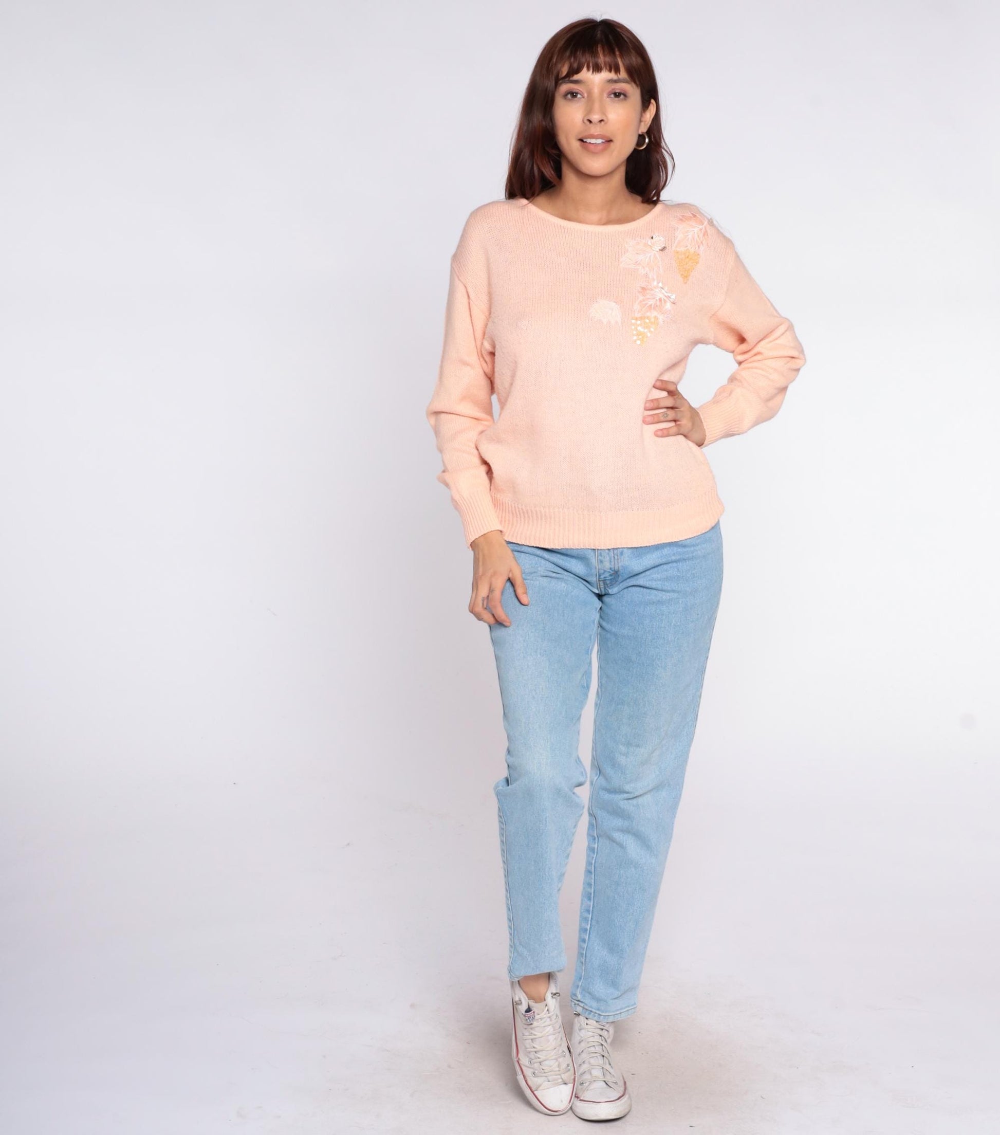 80s Peach Sequin Floral Sweater Sheridan Square Knit Pullover Small S