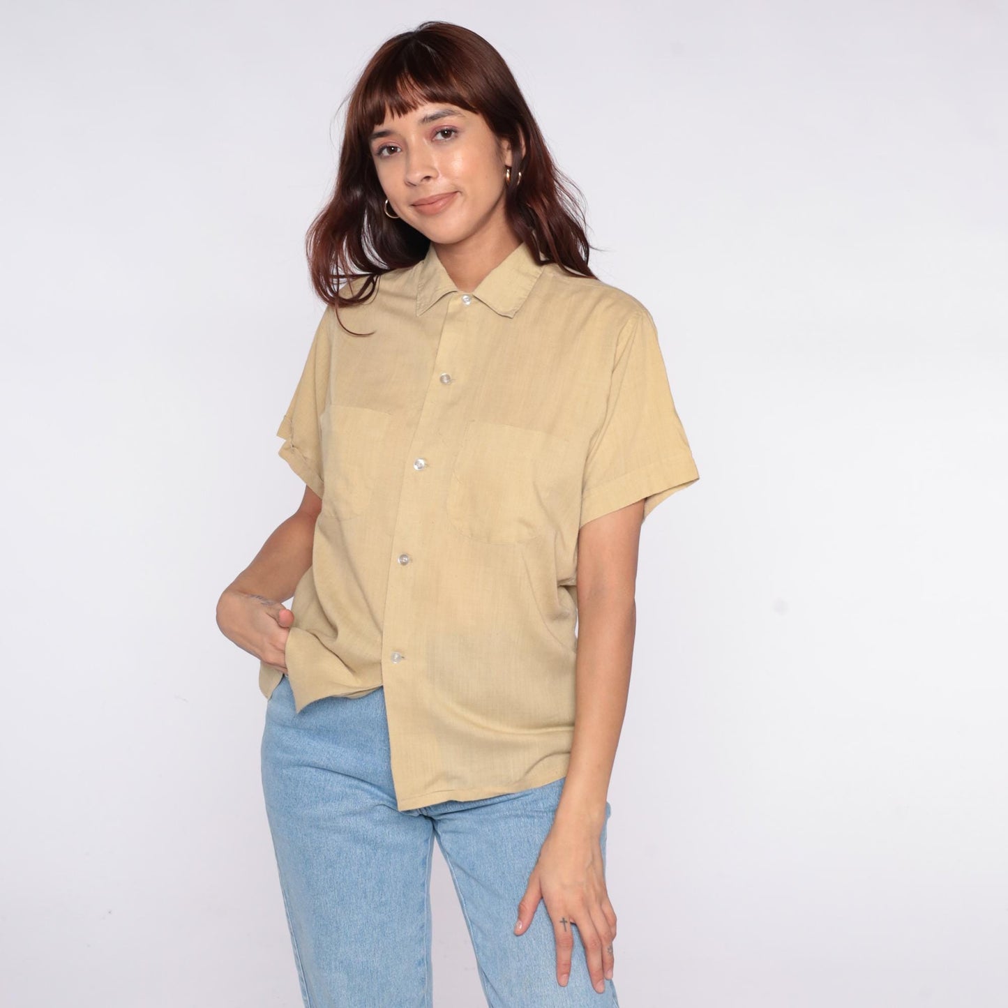 80s Beige Button-Up Shirt Pointed Collar Short Sleeve Cotton Blend Large
