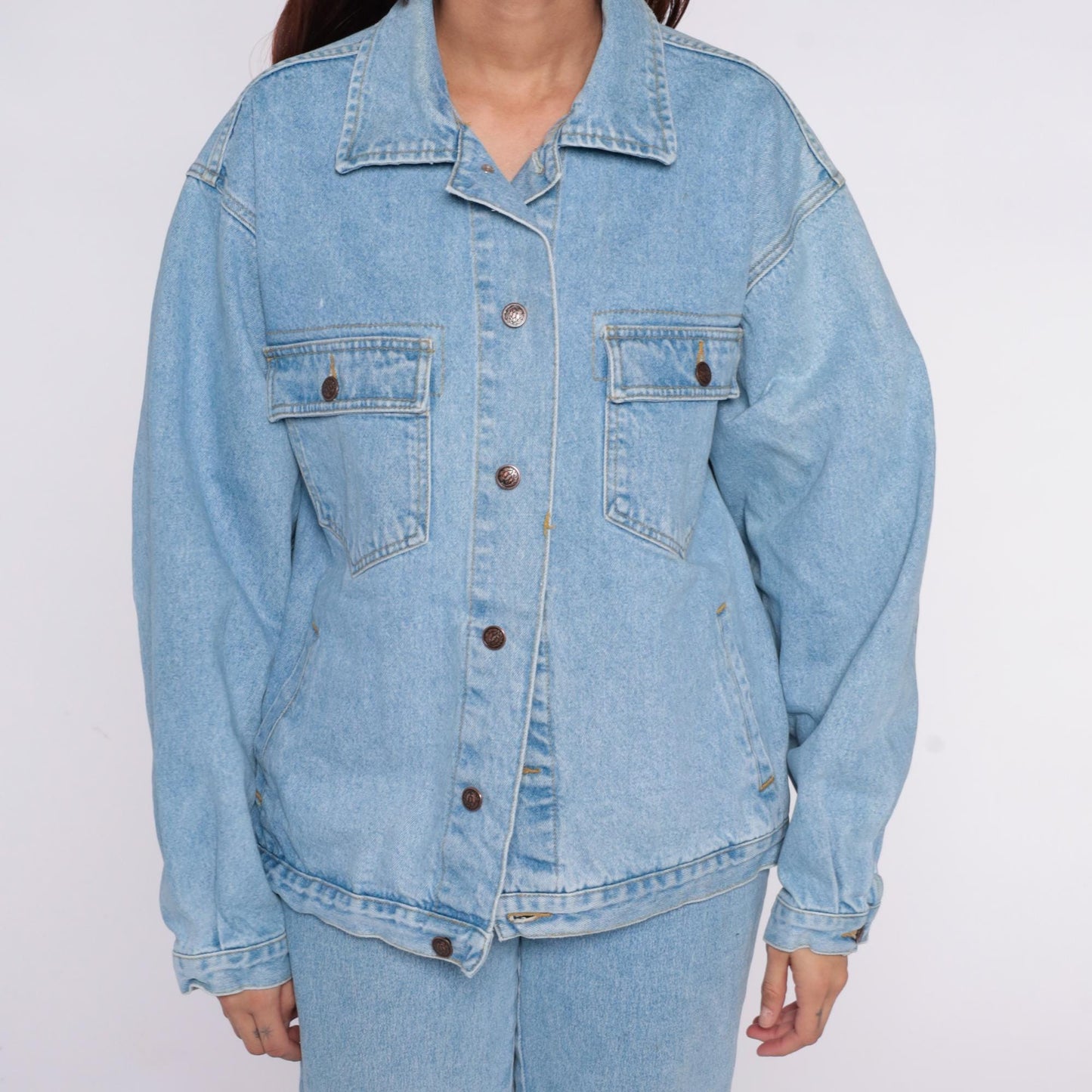 90s Light Wash Denim Jacket Button Front Cotton Jean Coat Large L