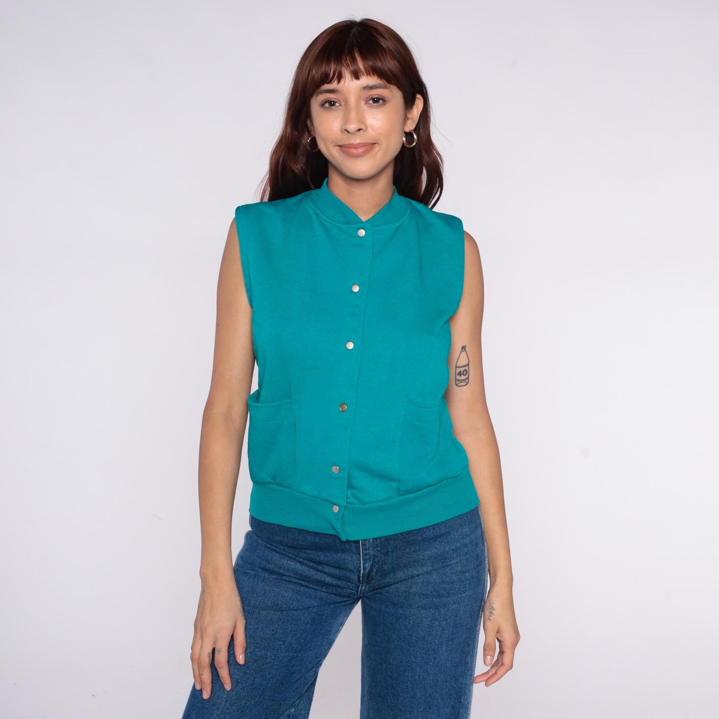 90s Teal Vest Abstract Painted Snap Front Sleeveless Stand Collar Medium