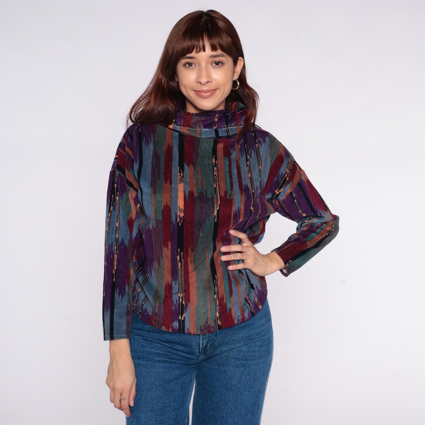 90s Southwestern Ikat Stripe Funnel Neck Blouse Purple Teal Small S