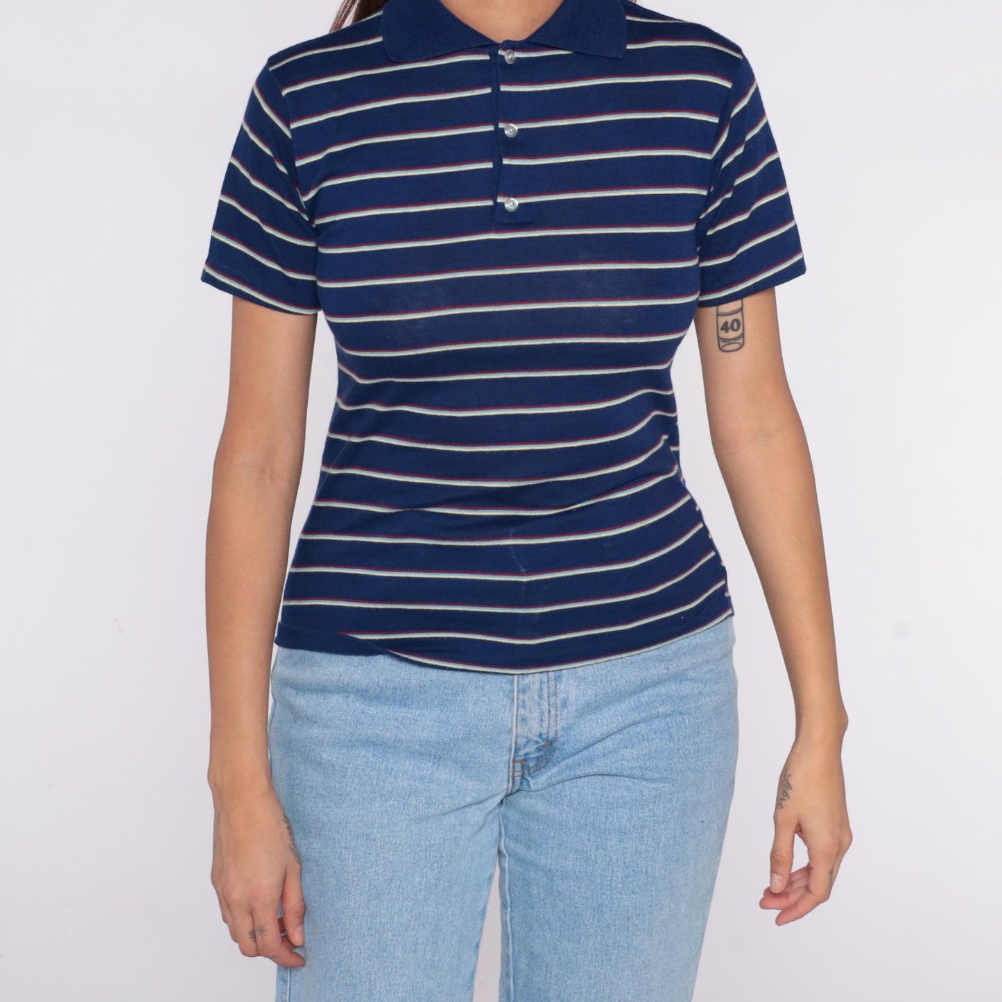 80s Navy Striped Polo Shirt White Red Horizontal Cotton Small