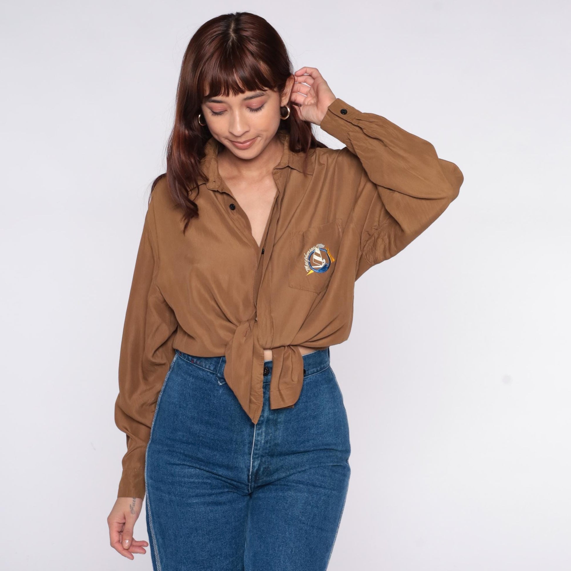 90s Brown Sailboat Embroidered Shirt Collared Long Sleeve Blouse Large L