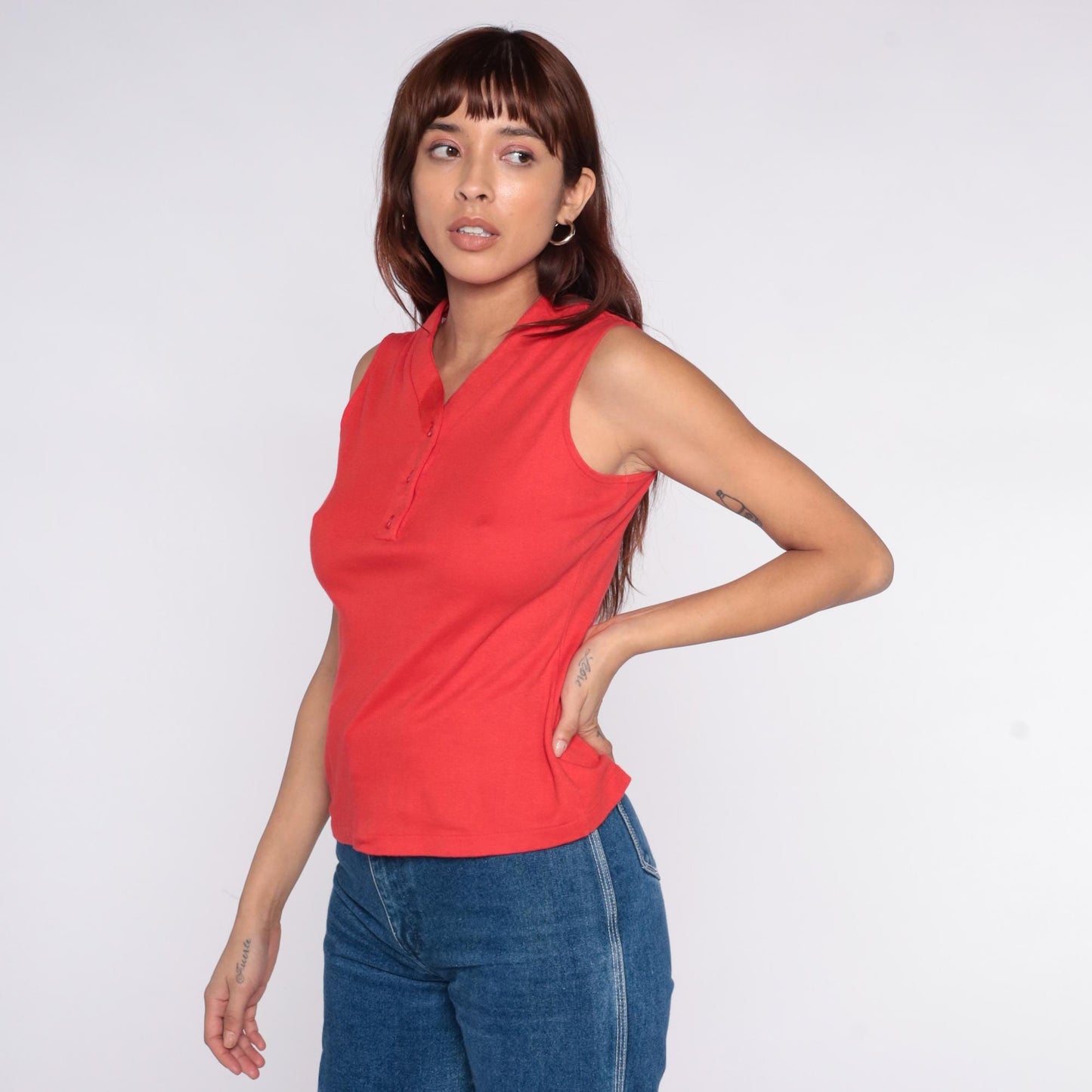 70s Catalina Sportswear Red Polo Tank V-Neck Collared Button Front Small