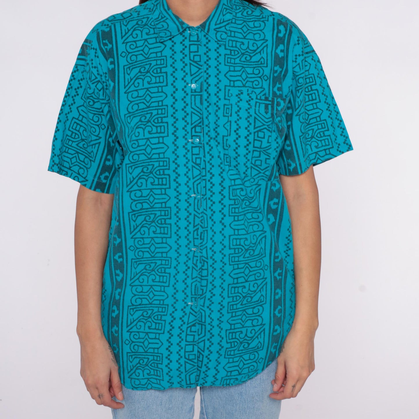 90s Turquoise Geometric Tribal Button-Up Shirt Short Sleeve Medium