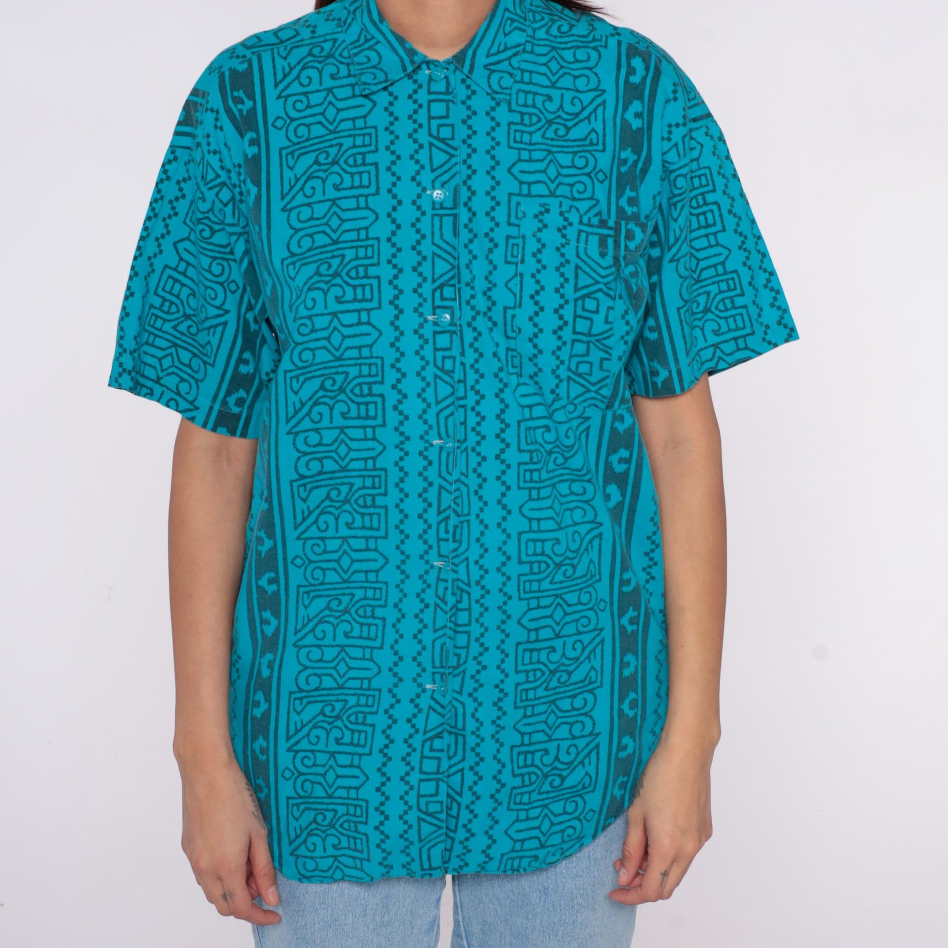 90s Turquoise Geometric Tribal Button-Up Shirt Short Sleeve Medium
