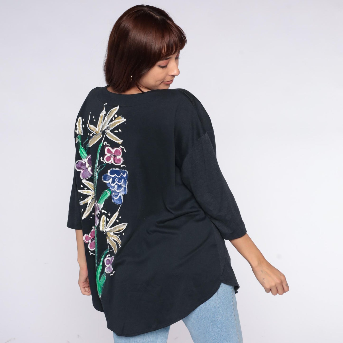 90s Baldot Hand-Painted Floral Black Cotton Tunic Medium M