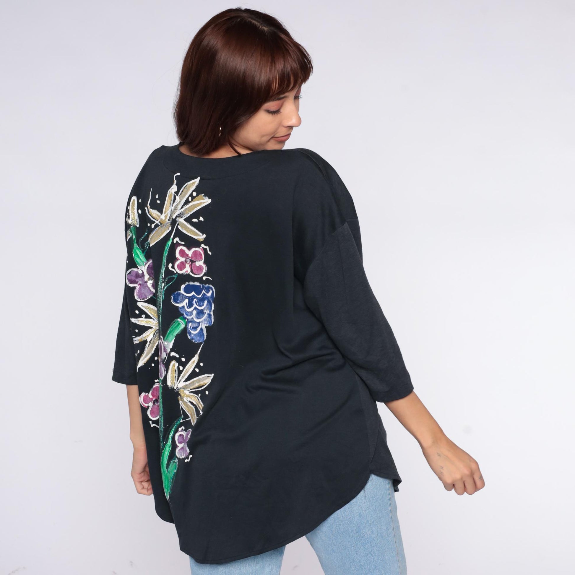 90s Baldot Hand-Painted Floral Black Cotton Tunic Medium M