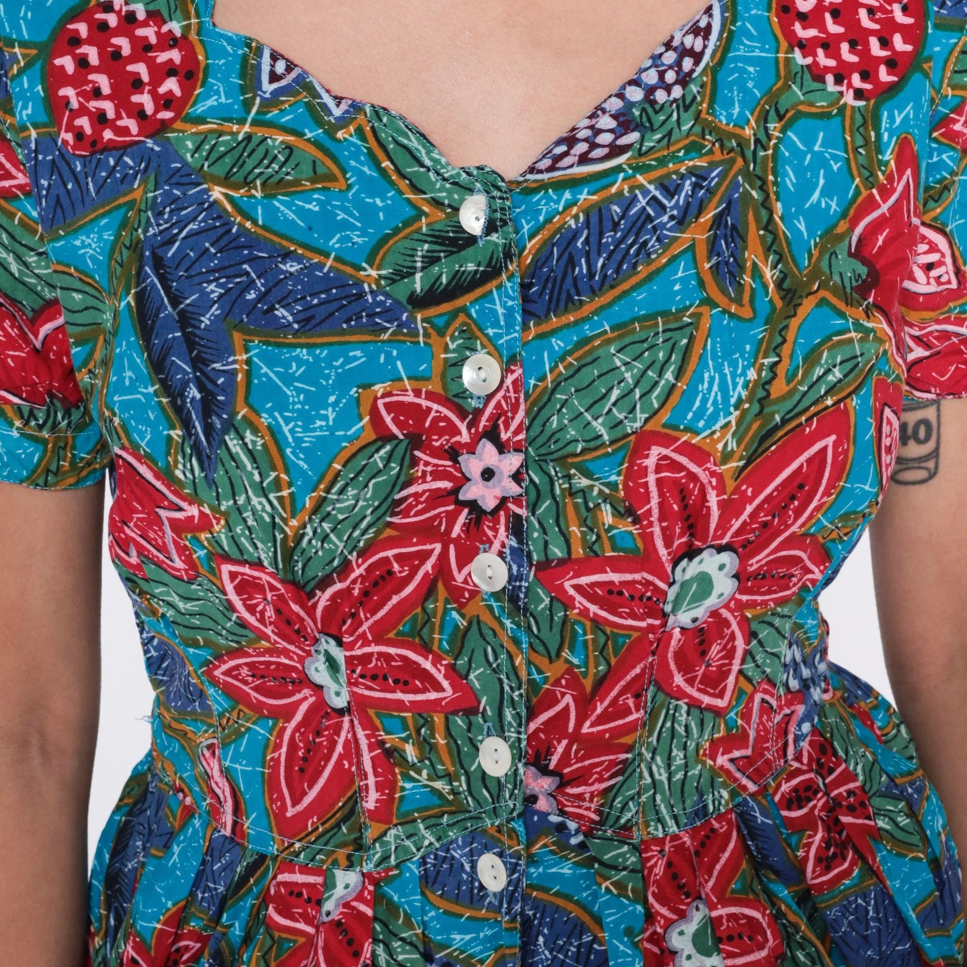 90s Regarde! Tropical Floral Cotton Dress Puff Sleeve Turquoise Small
