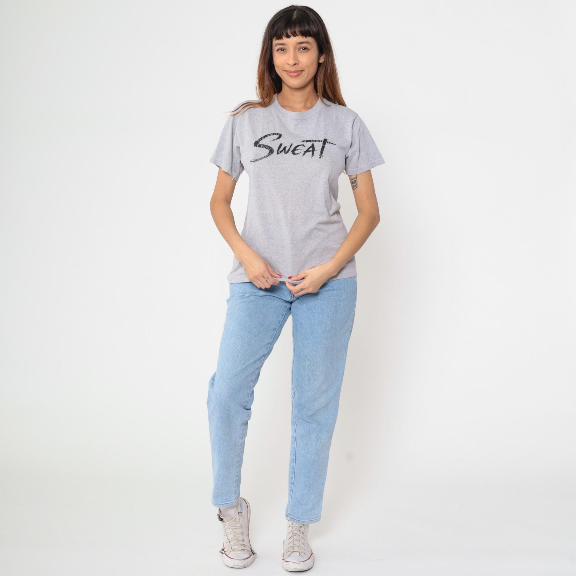 80s SWEAT Graphic T-Shirt Grey Crewneck Short Sleeve Medium