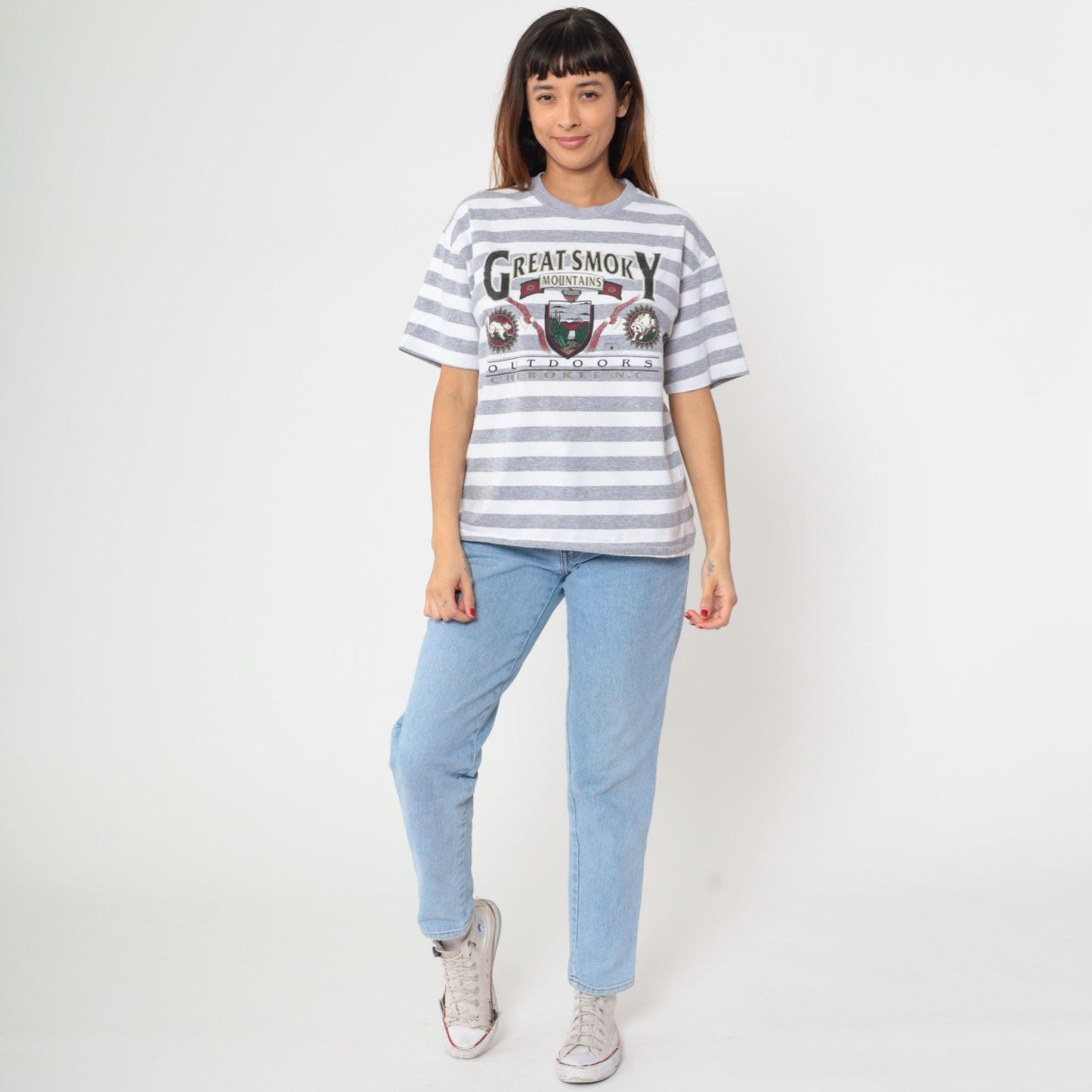 90s Great Smoky Mountains Striped Graphic Tee Grey White Large L