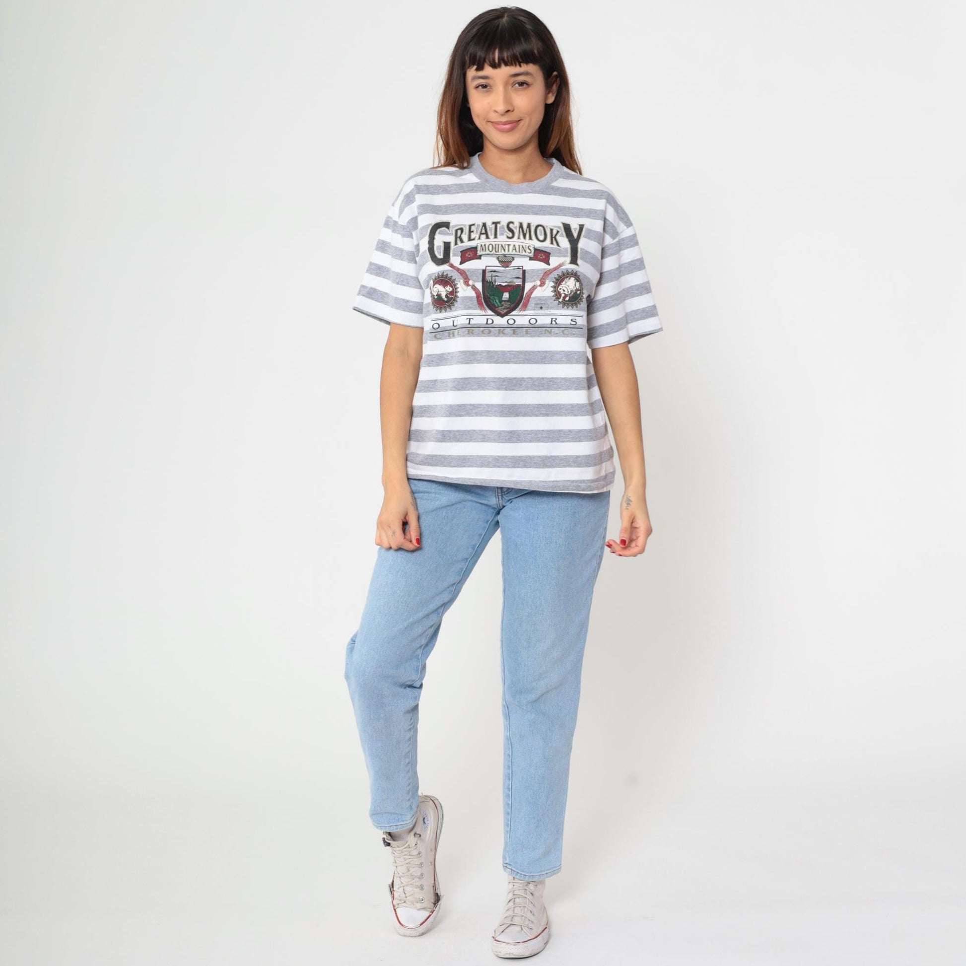 90s Great Smoky Mountains Striped Graphic Tee Grey White Large L