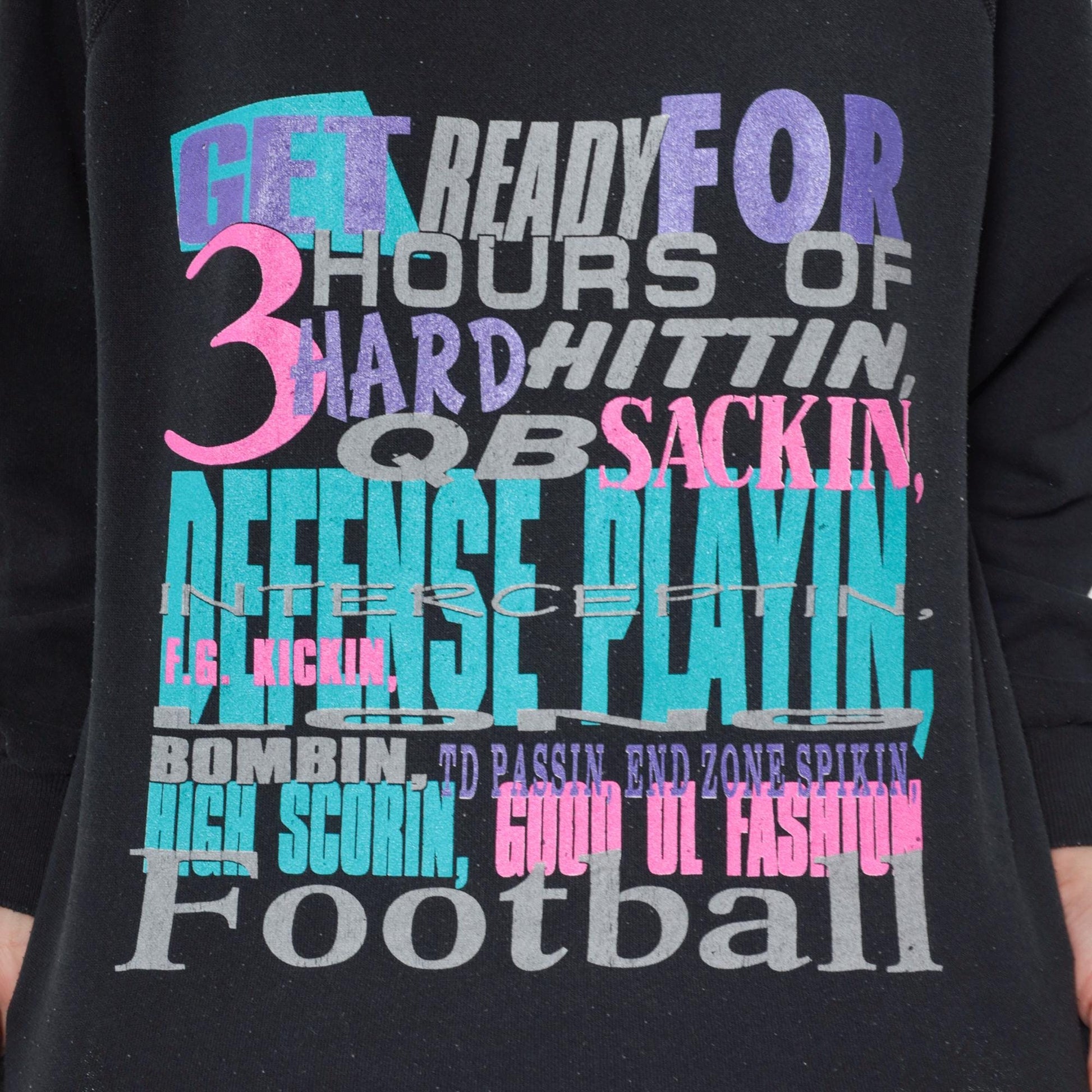 90s Hanes Football Sweatshirt Black Raglan Graphic Crew Neck Medium