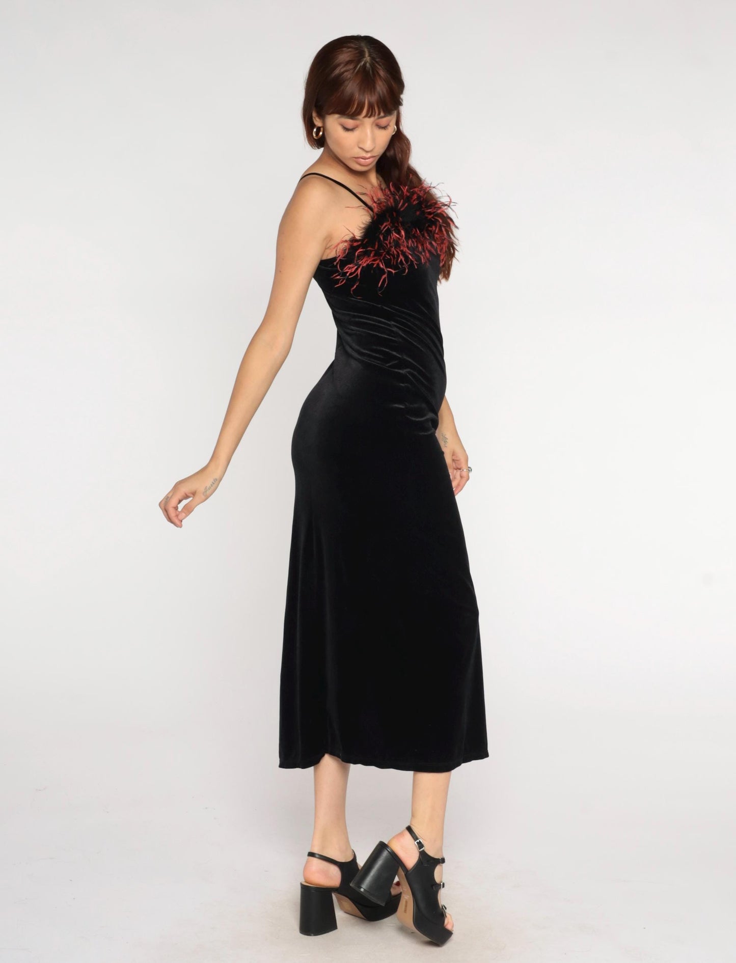 90s Black Velvet Maxi Dress Feather Trim Bodycon Slit Medium M