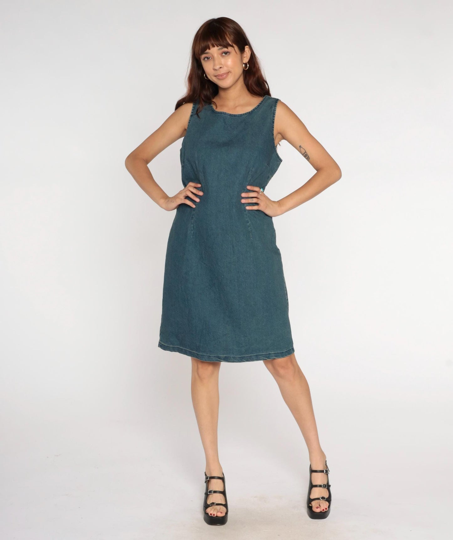 Y2K Chadwicks Denim Shift Dress Blue Scoop Neck Knee Length Large
